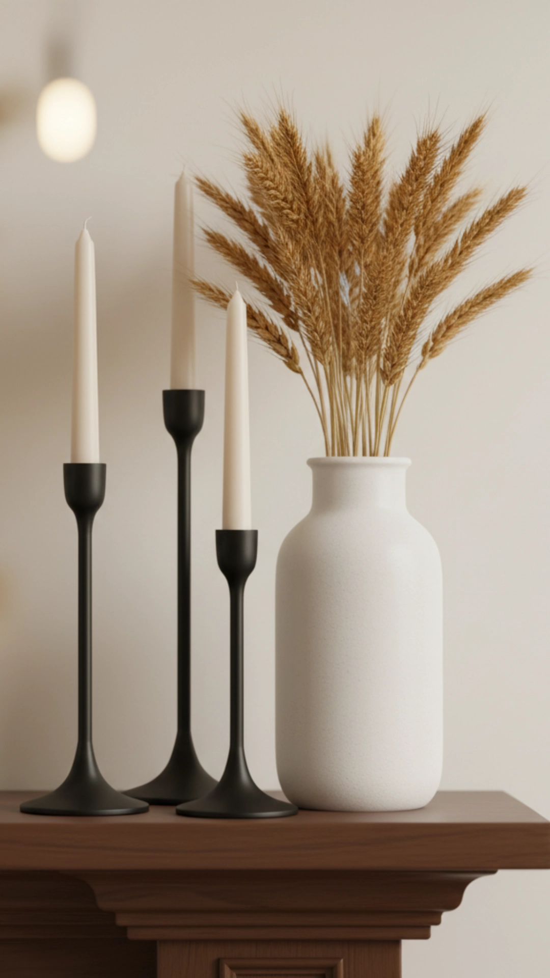 How to Layer Fall Mantle Decor (The 6-Step Guide) 6  A cluster of tall, matte-black candlesticks and a vase of wheat stalks on the side of a mantle to add vertical height.