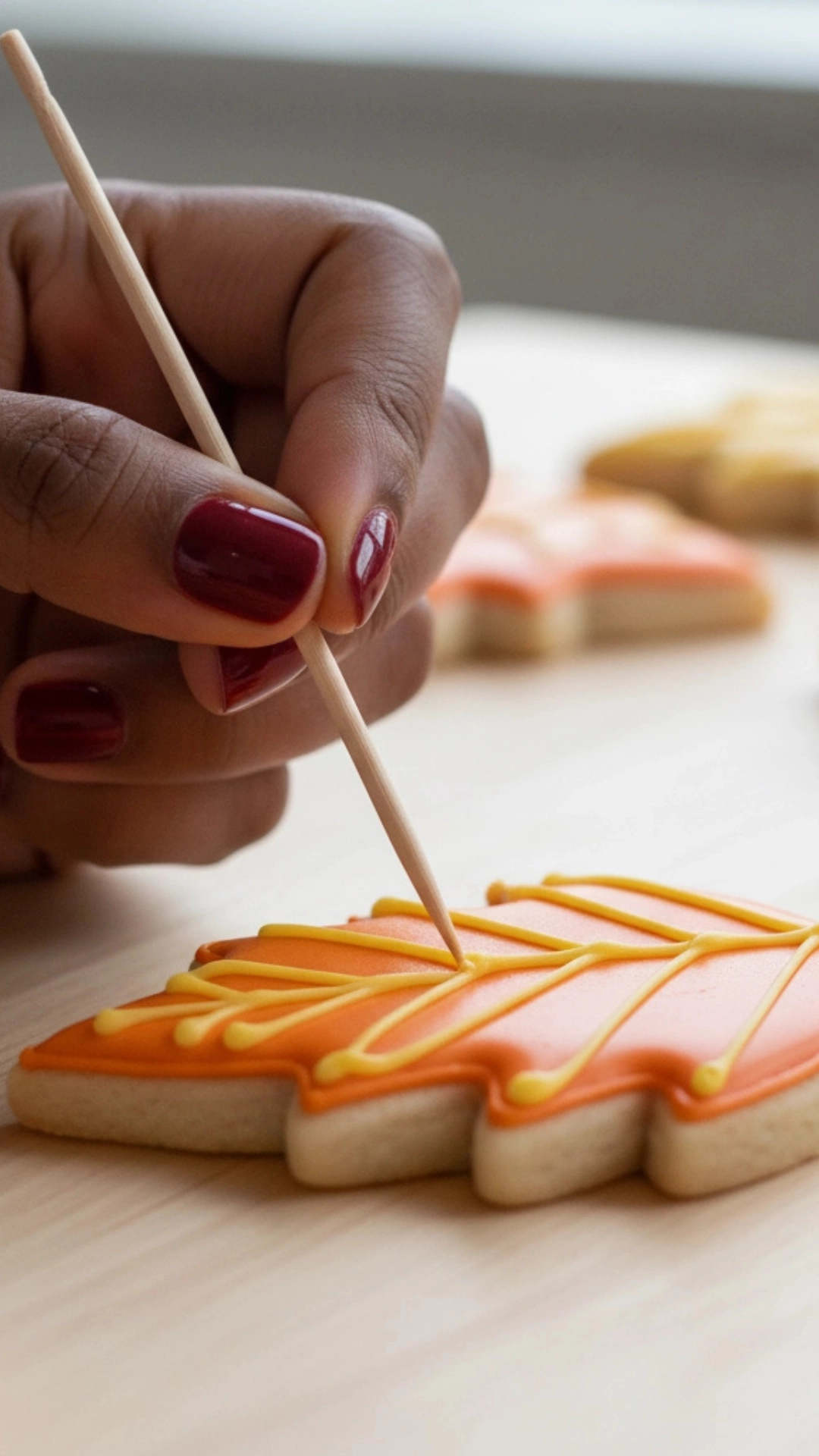  Using a toothpick to create a delicate leaf vein design in wet icing on a fall-themed cookie.