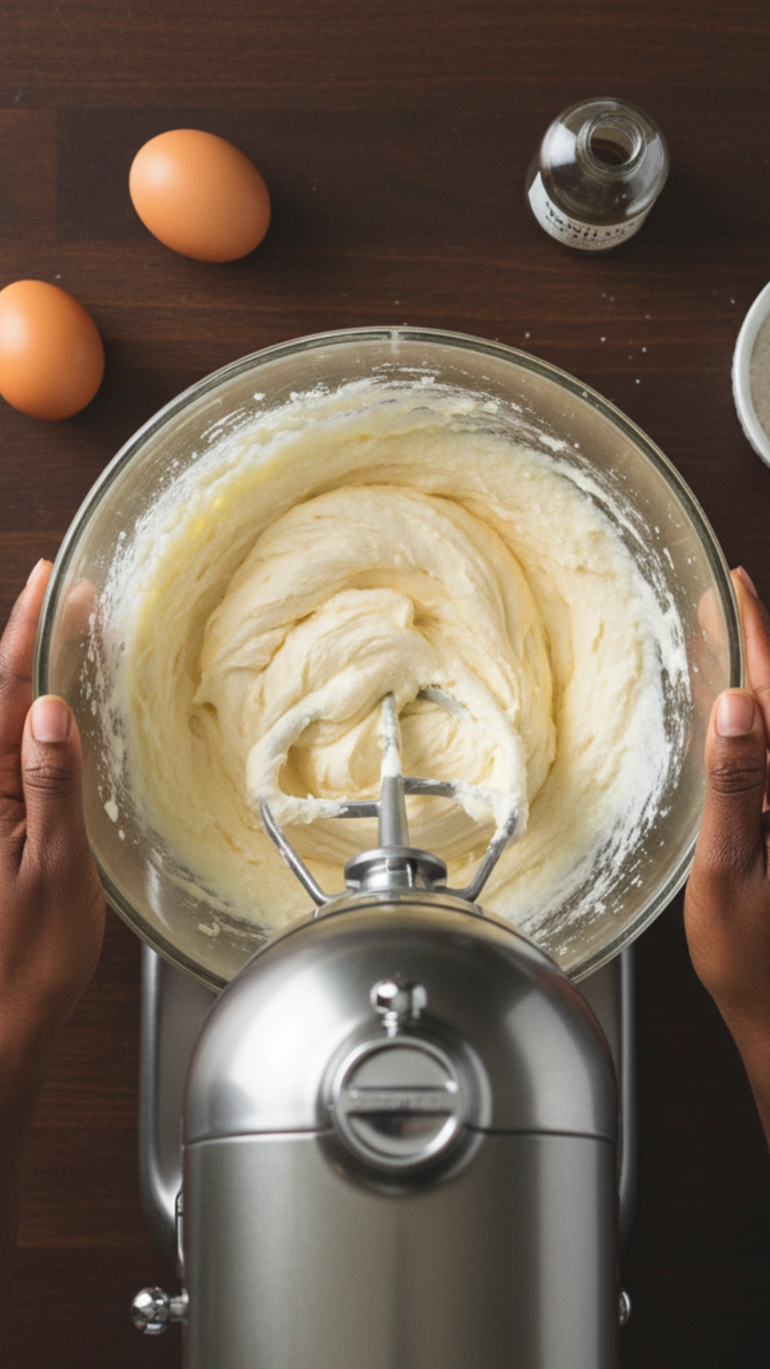 An overhead view of butter and sugar being creamed until light and fluffy in a stand mixer for an apple cider cookie recipe.
