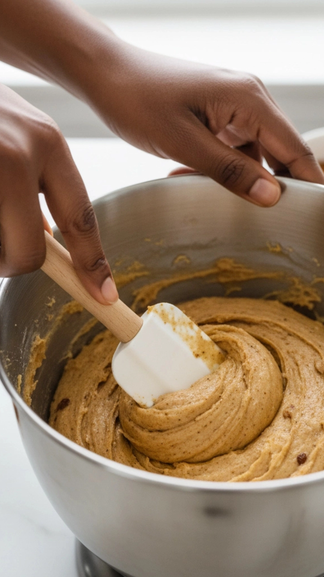 Scraping the sides of a mixer bowl filled with soft, fragrant fall spice cookie dough using a spatula.