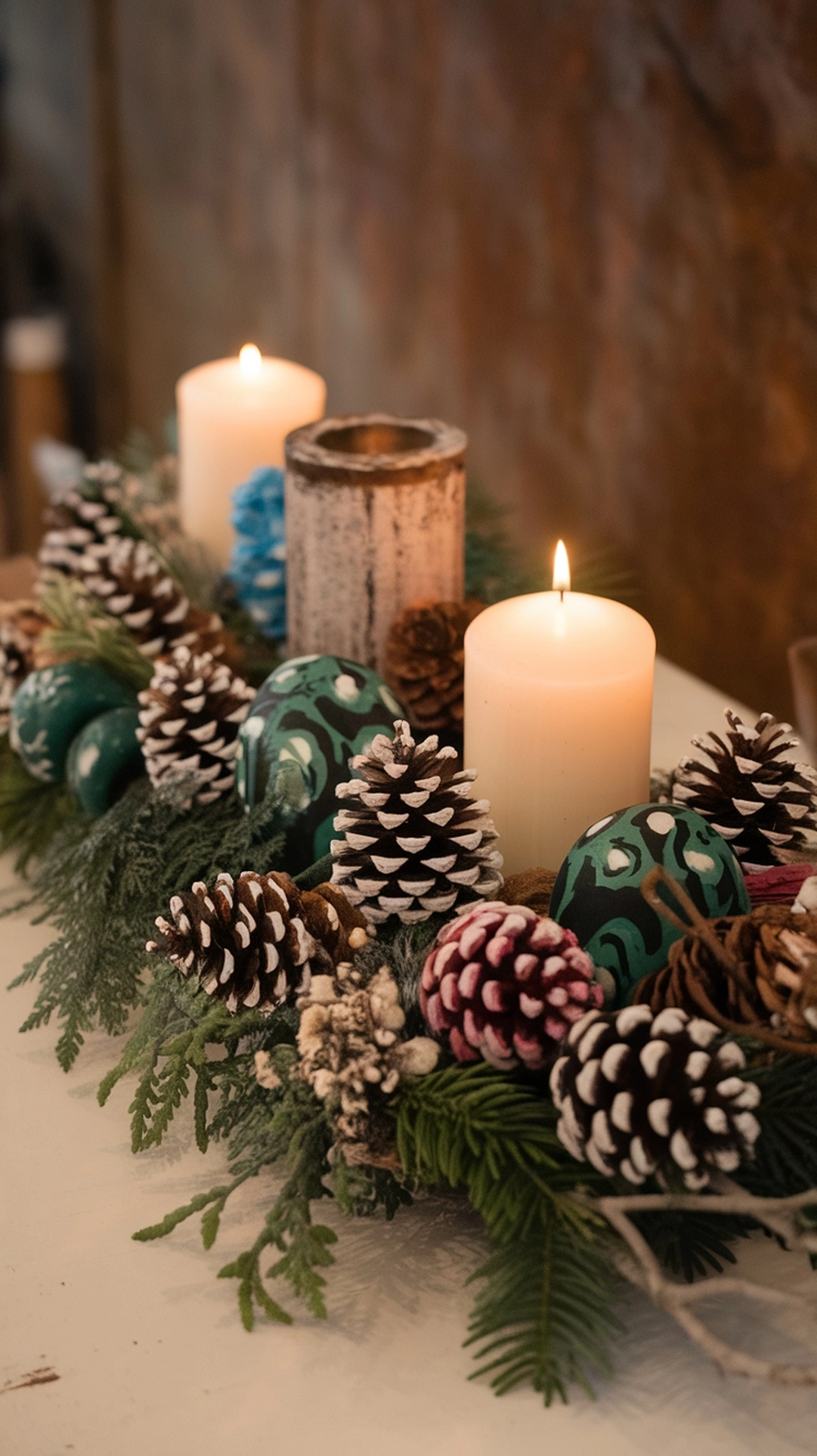 14 Creative Christmas Decor Ideas for Your Home 15 A festive arrangement featuring pinecones, candles, and colorful decorations.