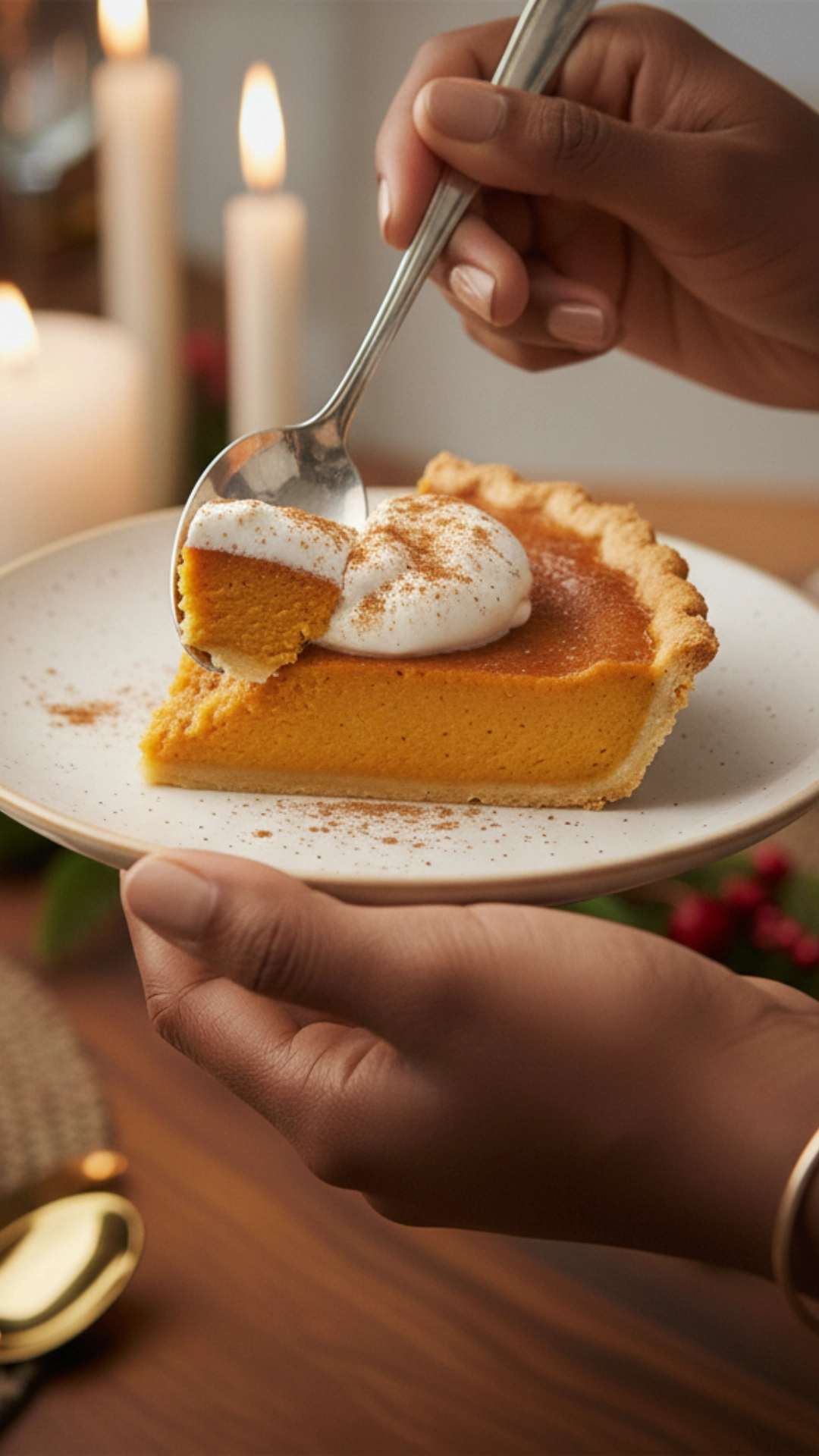 18 Amazing Healthy Thanksgiving Recipes to Try Now 15 A slice of crustless pumpkin pie on a plate, topped with a dollop of cream.