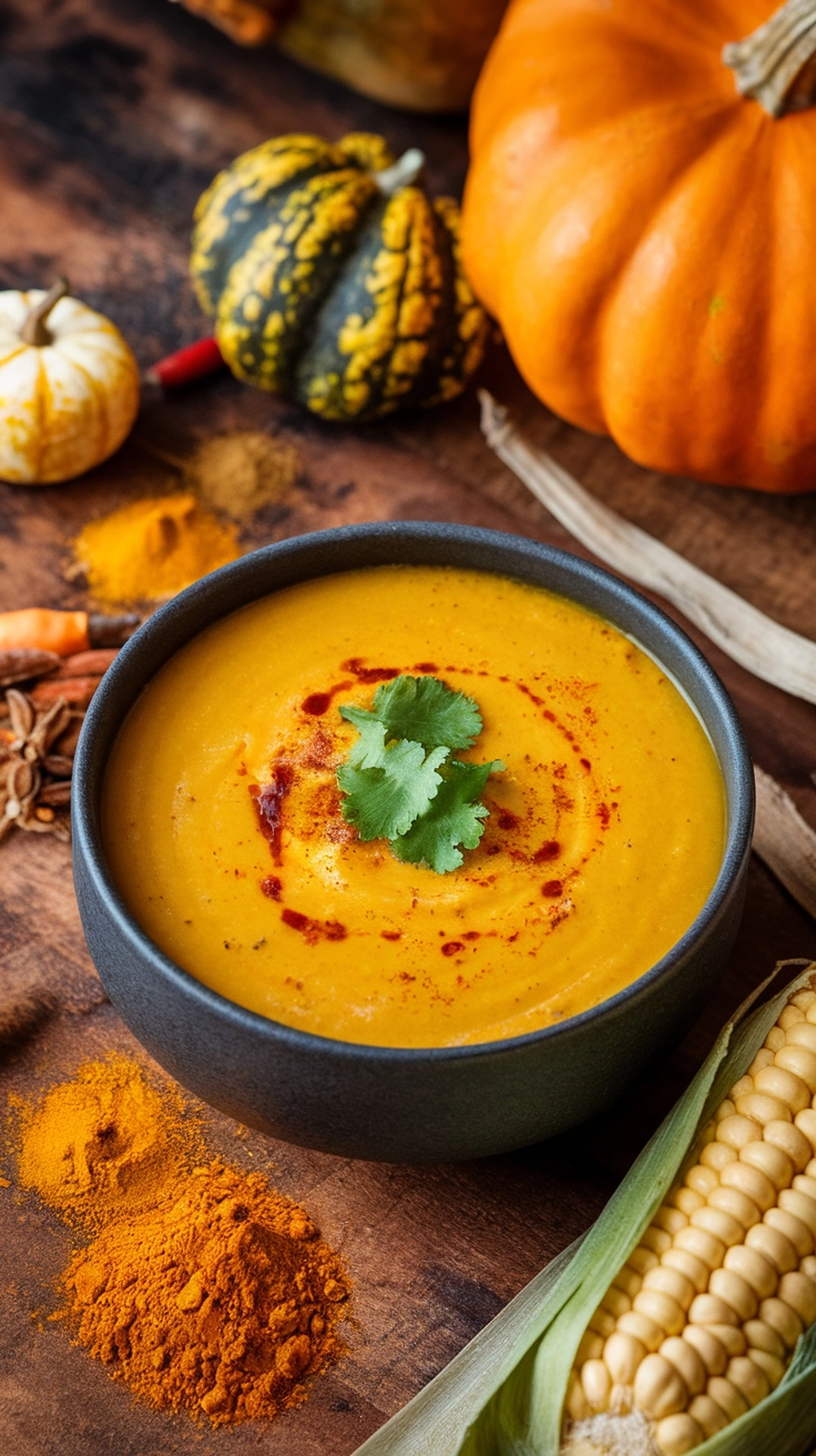 10 Cozy Fall Soup Recipes to Keep You Warm All Season 9 A bowl of creamy curried cauliflower soup garnished with cilantro, surrounded by spices and pumpkins.