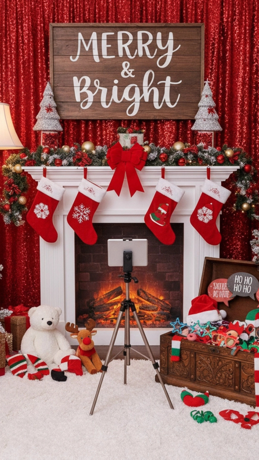 14 Creative Christmas Decor Ideas for Your Home 10 A festive holiday photo booth setup with decorations and people enjoying the moment.