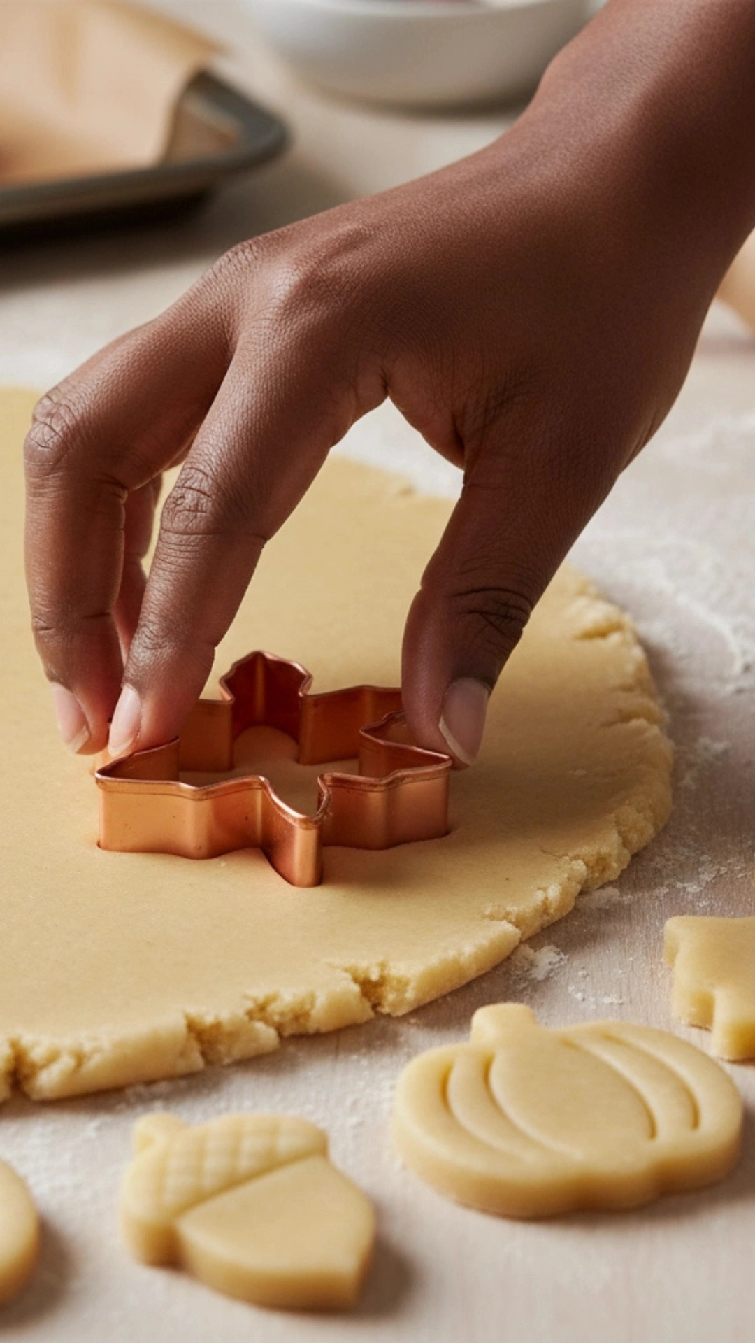 Pressing a copper leaf-shaped cookie cutter into rolled-out dough on a floured surface, with other fall shapes nearby.