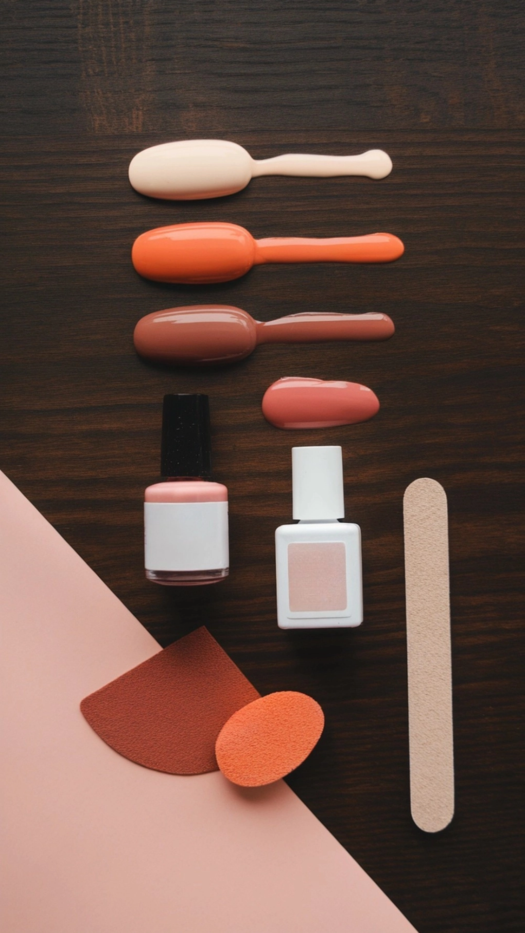 How to Create the Perfect Fall Ombre Nails at Home 3 Flat-lay of nail polishes, sponge, and tools for ombre manicure on wood.