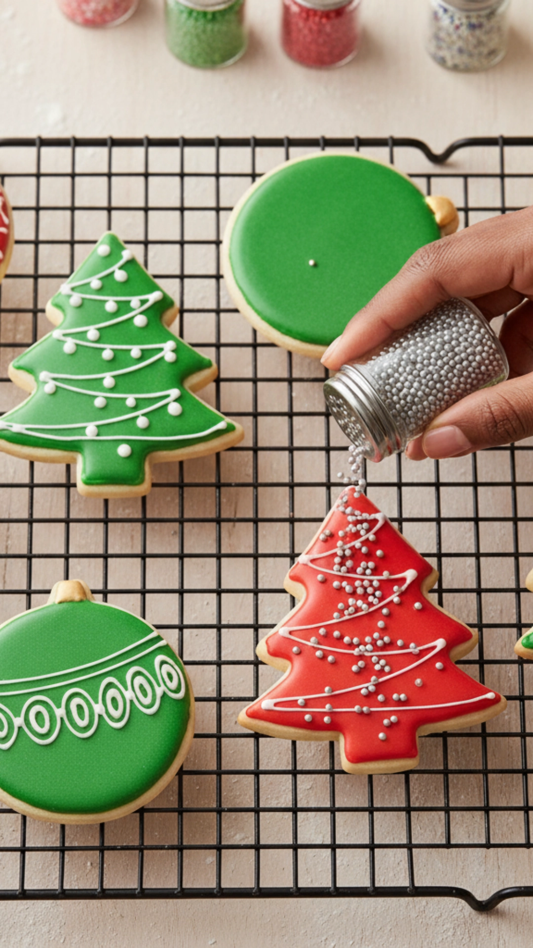 How to Bake Beautiful and Delicious Christmas Cookies 5 A hand adding silver pearl sprinkles to a freshly flooded Christmas tree cookie on a wire rack.