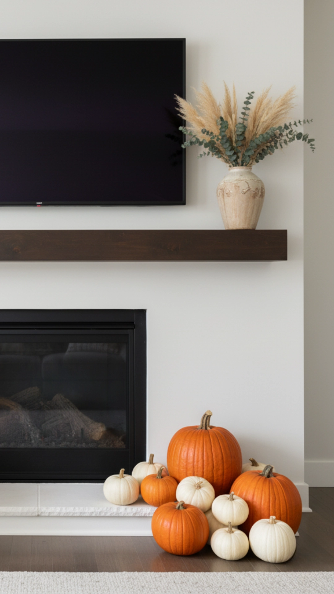 How to Layer Fall Mantle Decor (The 6-Step Guide) 10 A fall mantle with a TV mounted above it, showing how to decorate the sides and hearth with lanterns and pumpkins to frame the screen.