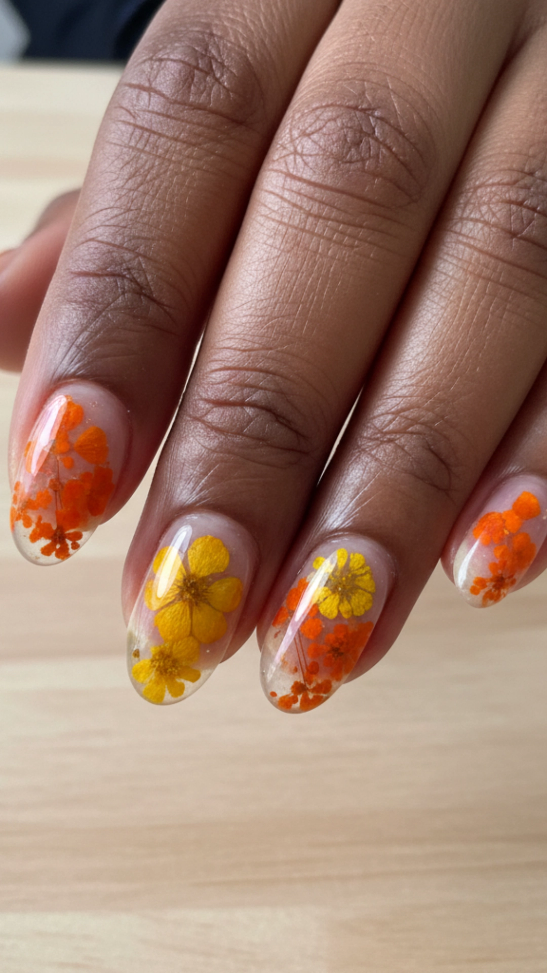 25 Jaw-Dropping Fall Nail Ideas You Must Try 15 A clear gel manicure featuring tiny, real dried autumn flowers embedded in the nails.