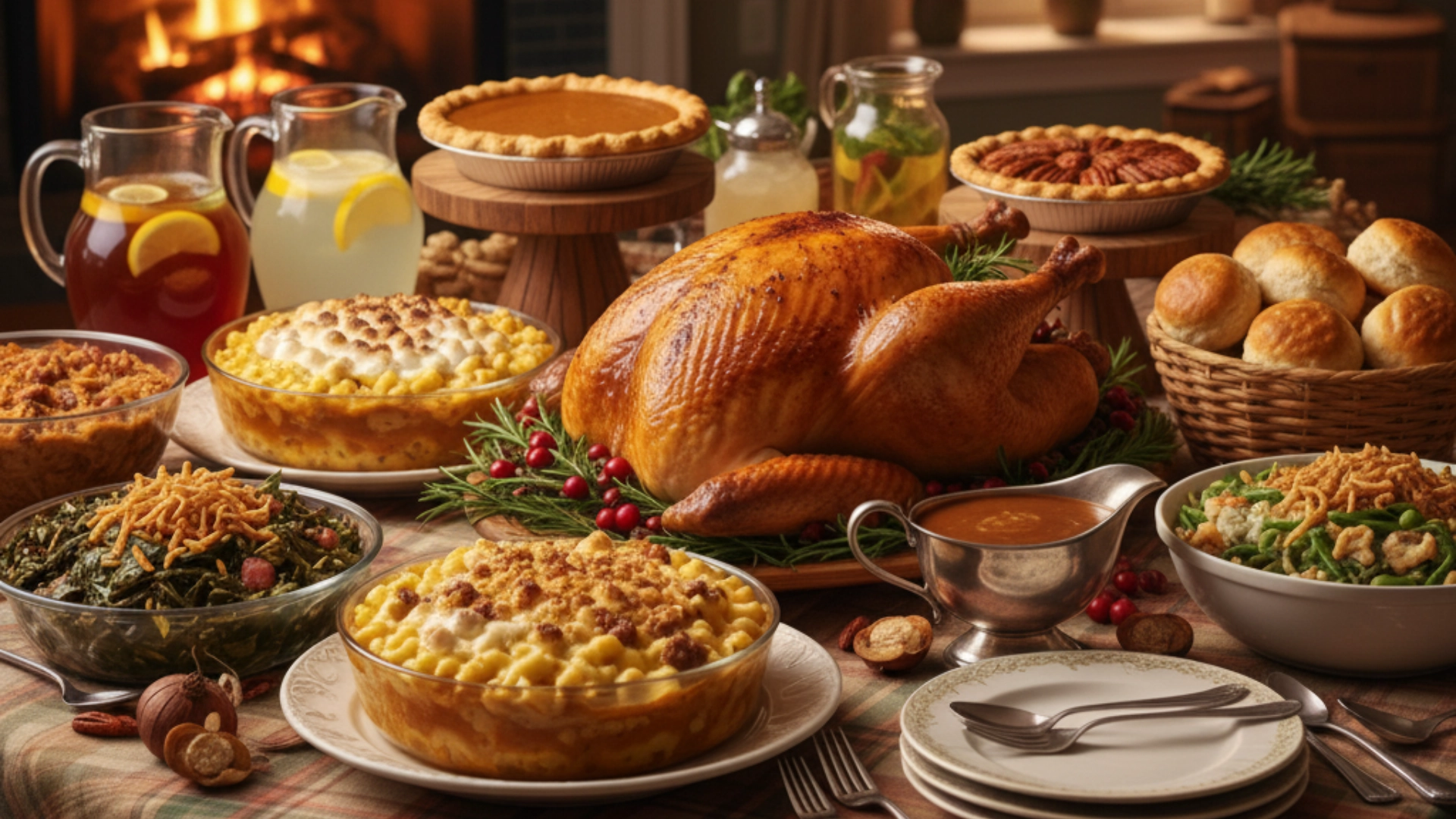 A bountiful Thanksgiving table spread with classic Southern dishes including a roasted turkey, dressing, and sweet potato casserole.