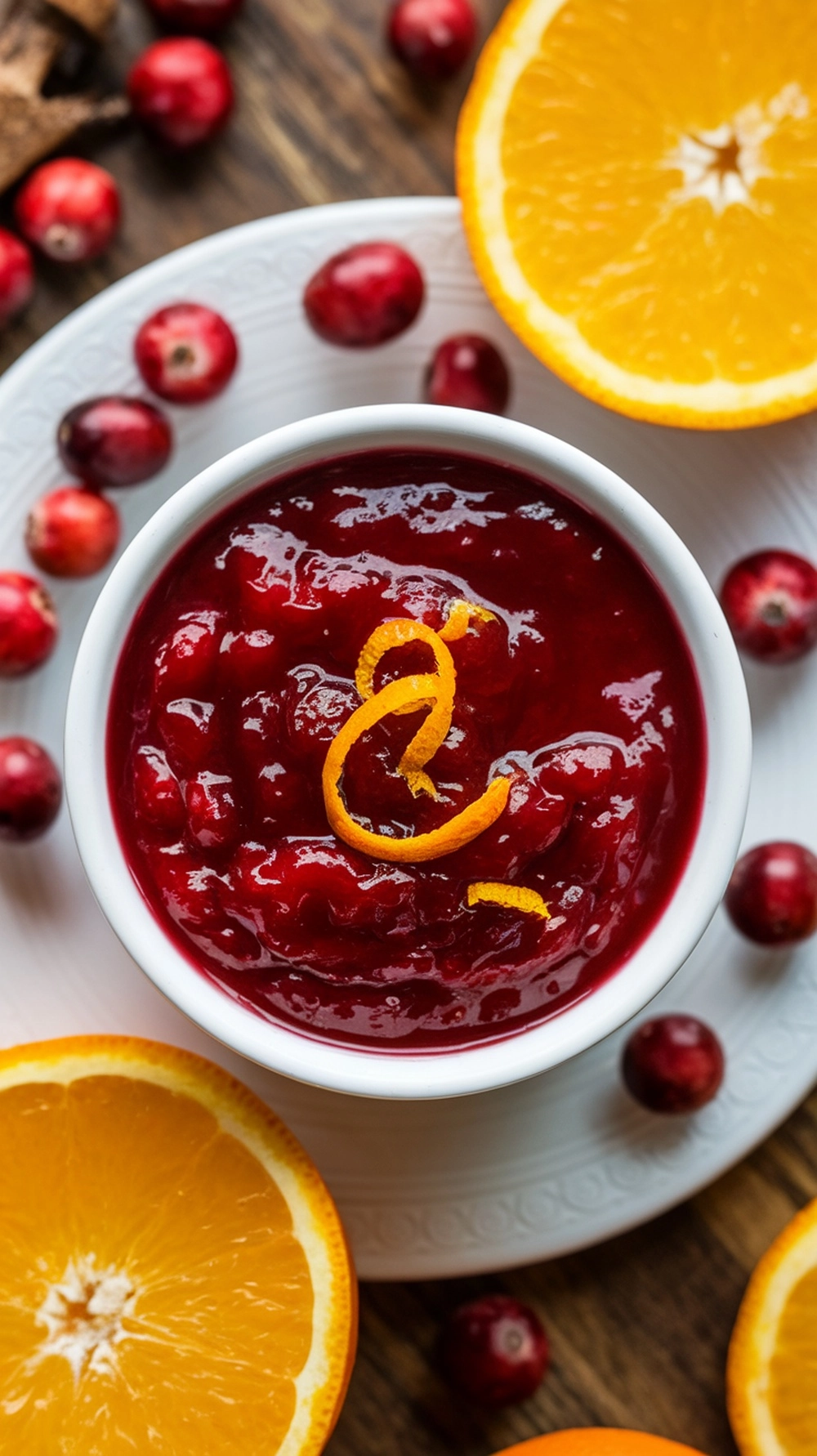 10 Easy Thanksgiving Side Dishes Everyone Will Love 2 A bowl of cranberry sauce topped with orange zest, surrounded by fresh cranberries and orange slices.
