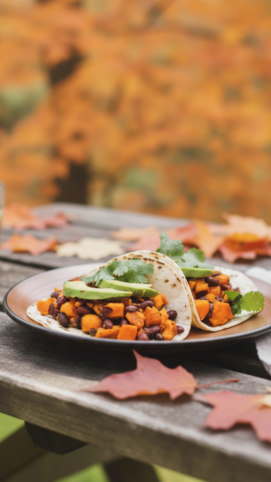 12 Cozy Fall Dinner Recipes To Warm You Up 3 Spiced sweet potato and black bean tacos on a plate surrounded by autumn leaves.