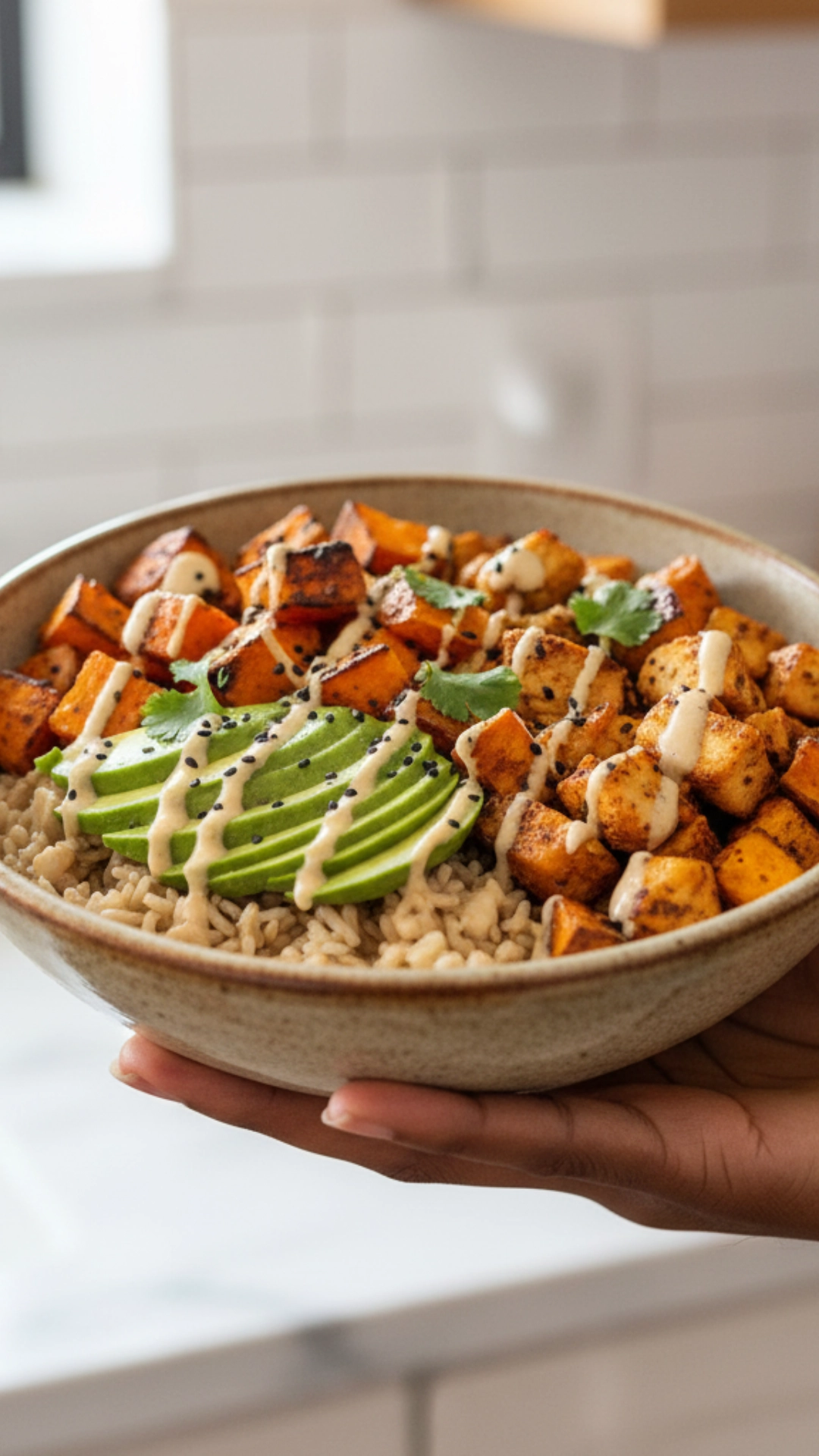 Power-Packed Chicken Rice Bowl: A Healthy Delight 2 A finished healthy chicken and sweet potato rice bowl, ready to eat.