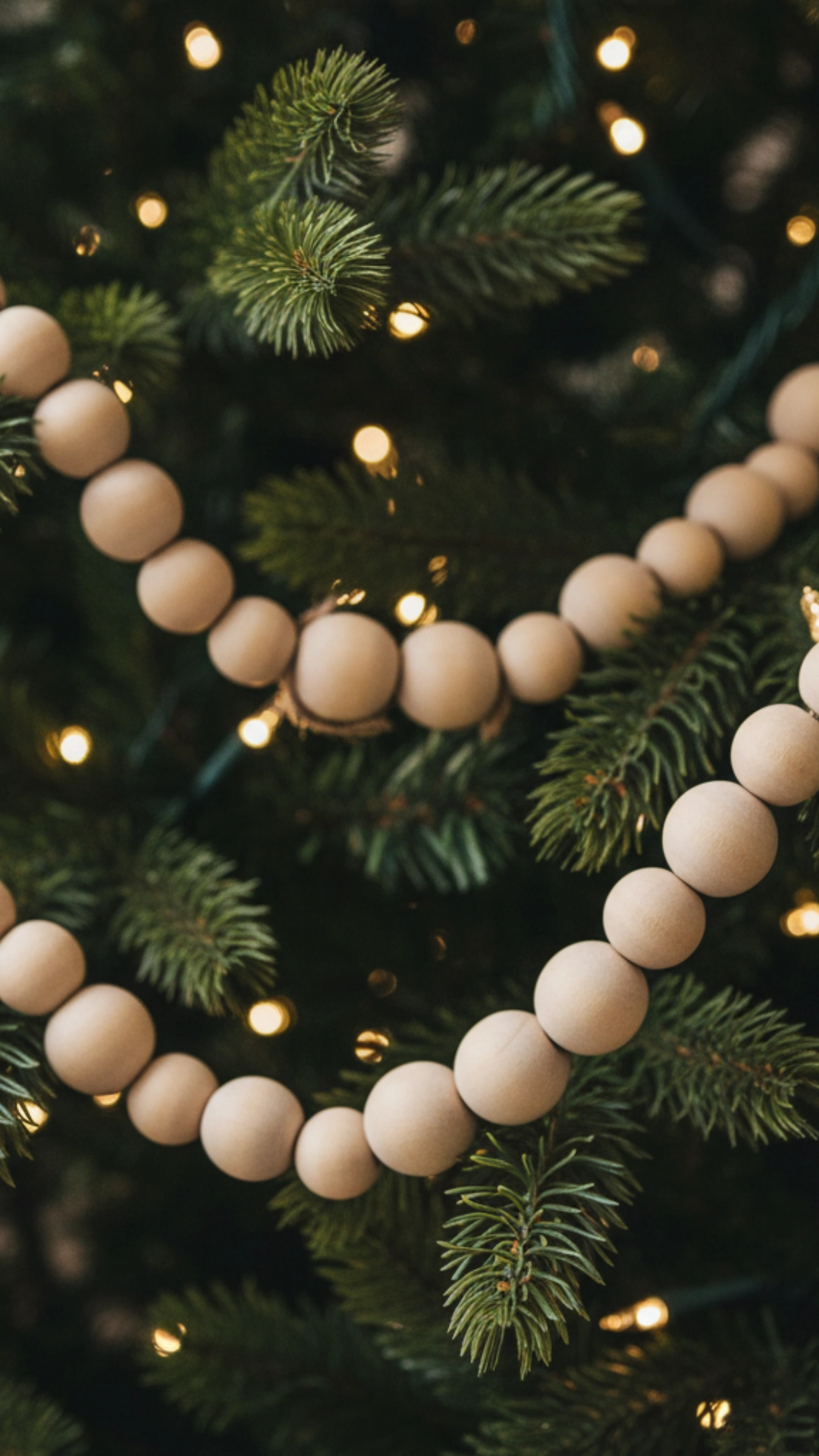 A close-up of a simple wooden bead garland draped on a Christmas tree branch