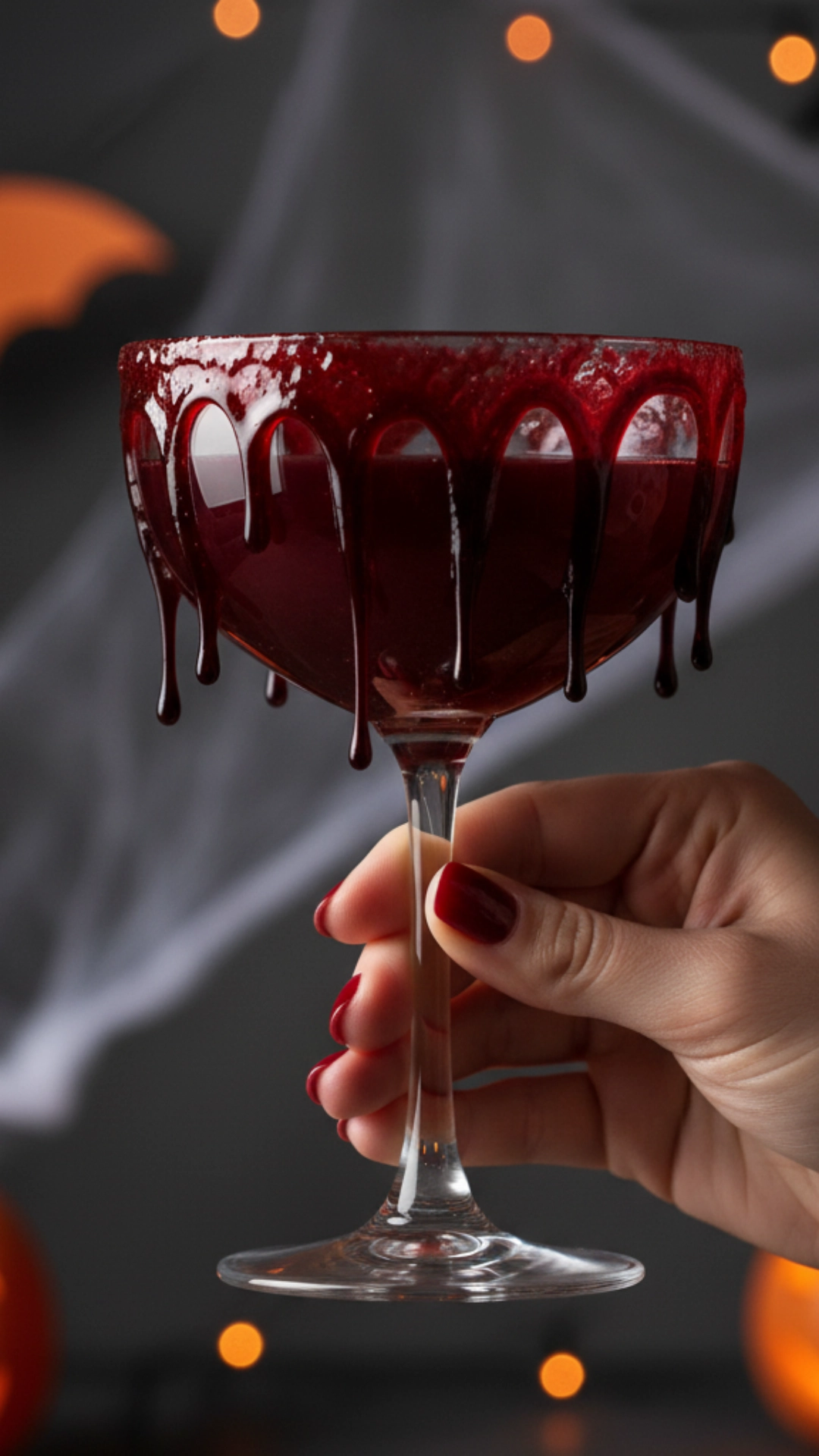 15 Fun Non Alcoholic Halloween Punch Recipes 4 A glass of a red nonalcoholic Halloween punch recipe with a fun dripping red syrup rim, perfect for a magical theme.