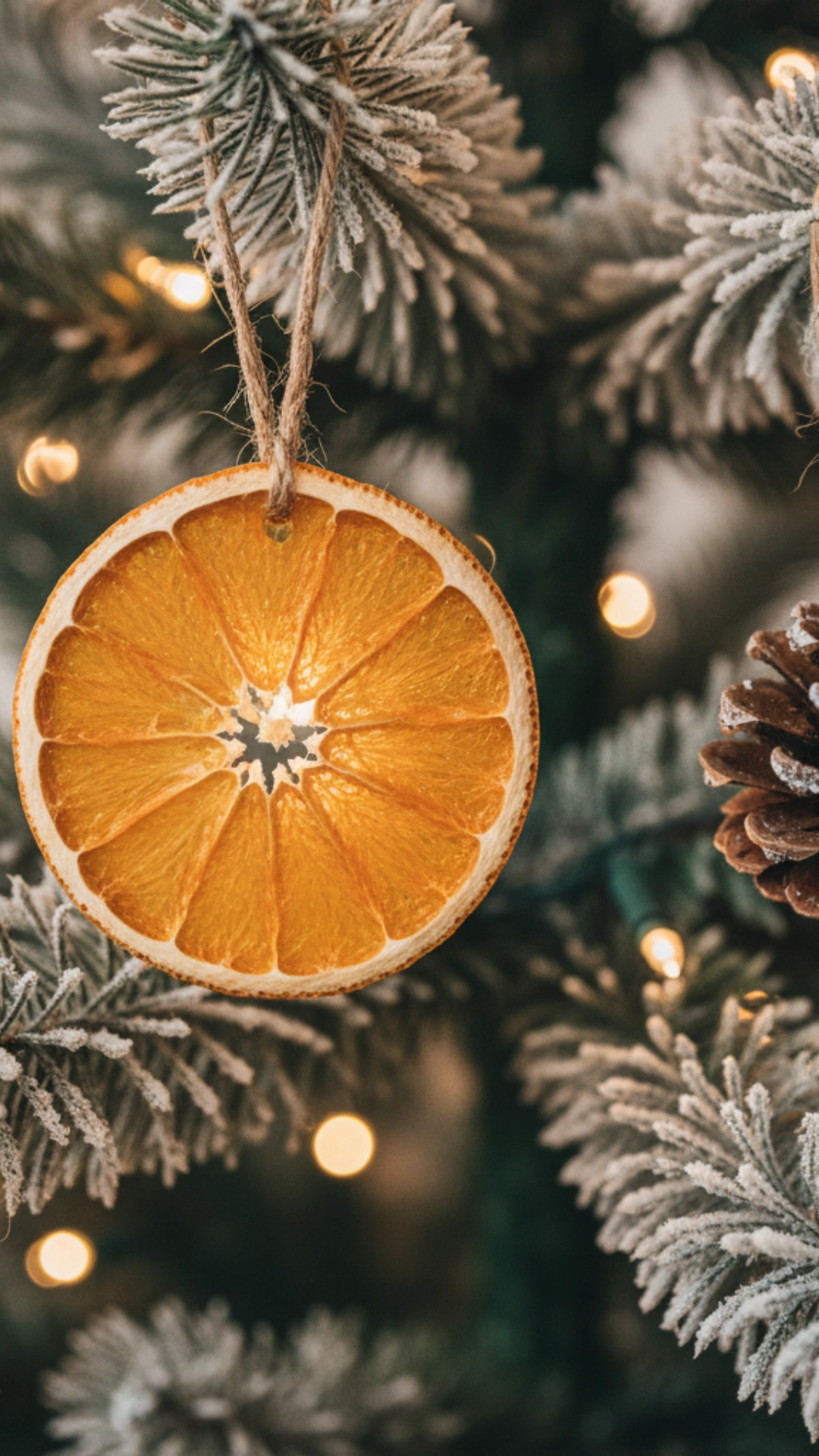  A dried orange slice and a pinecone ornament hanging on a naturally decorated Christmas tree.