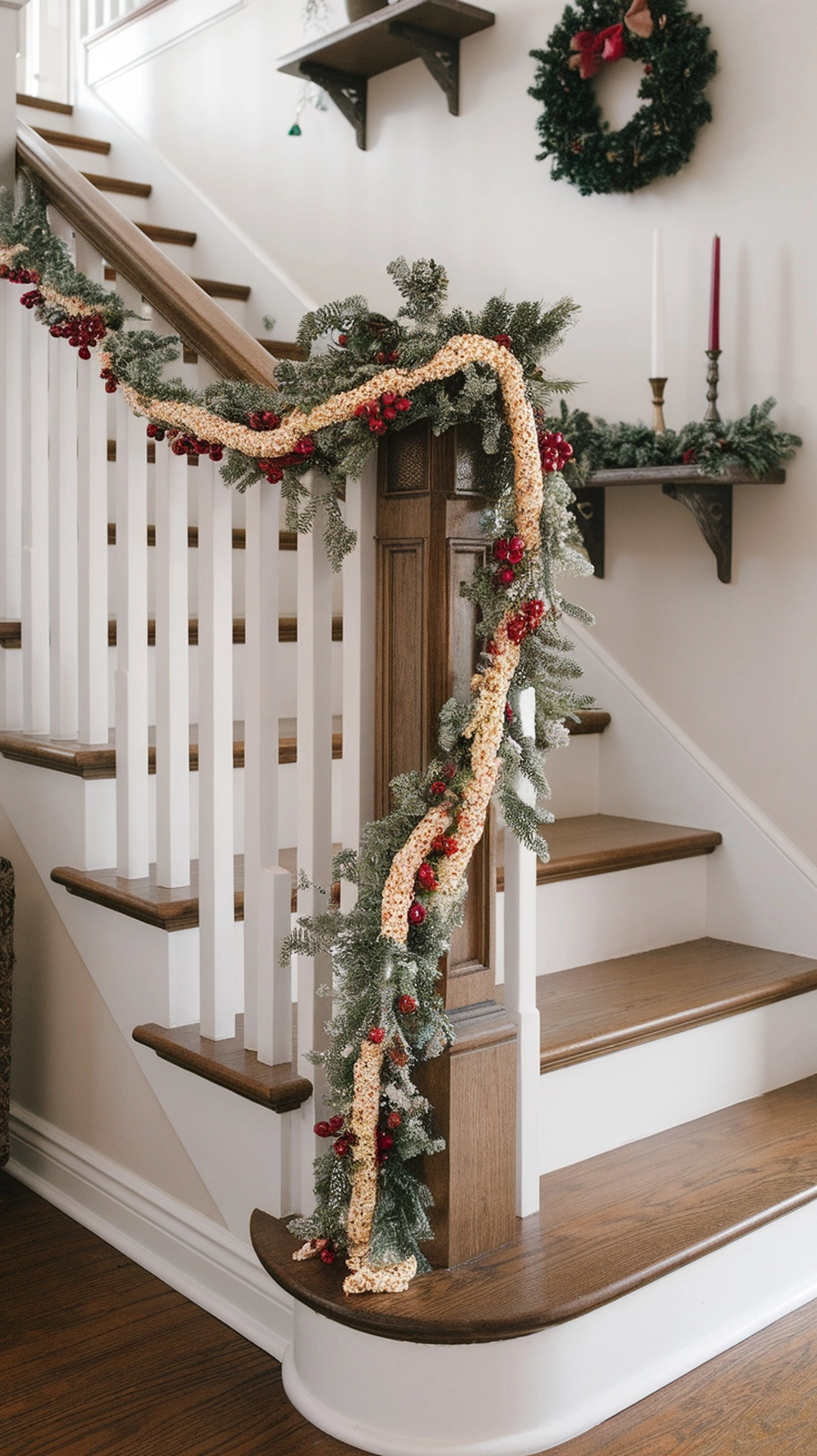 14 Creative Christmas Decor Ideas for Your Home 5 A beautifully decorated garland draped over a staircase railing, featuring faux greenery and red accents.