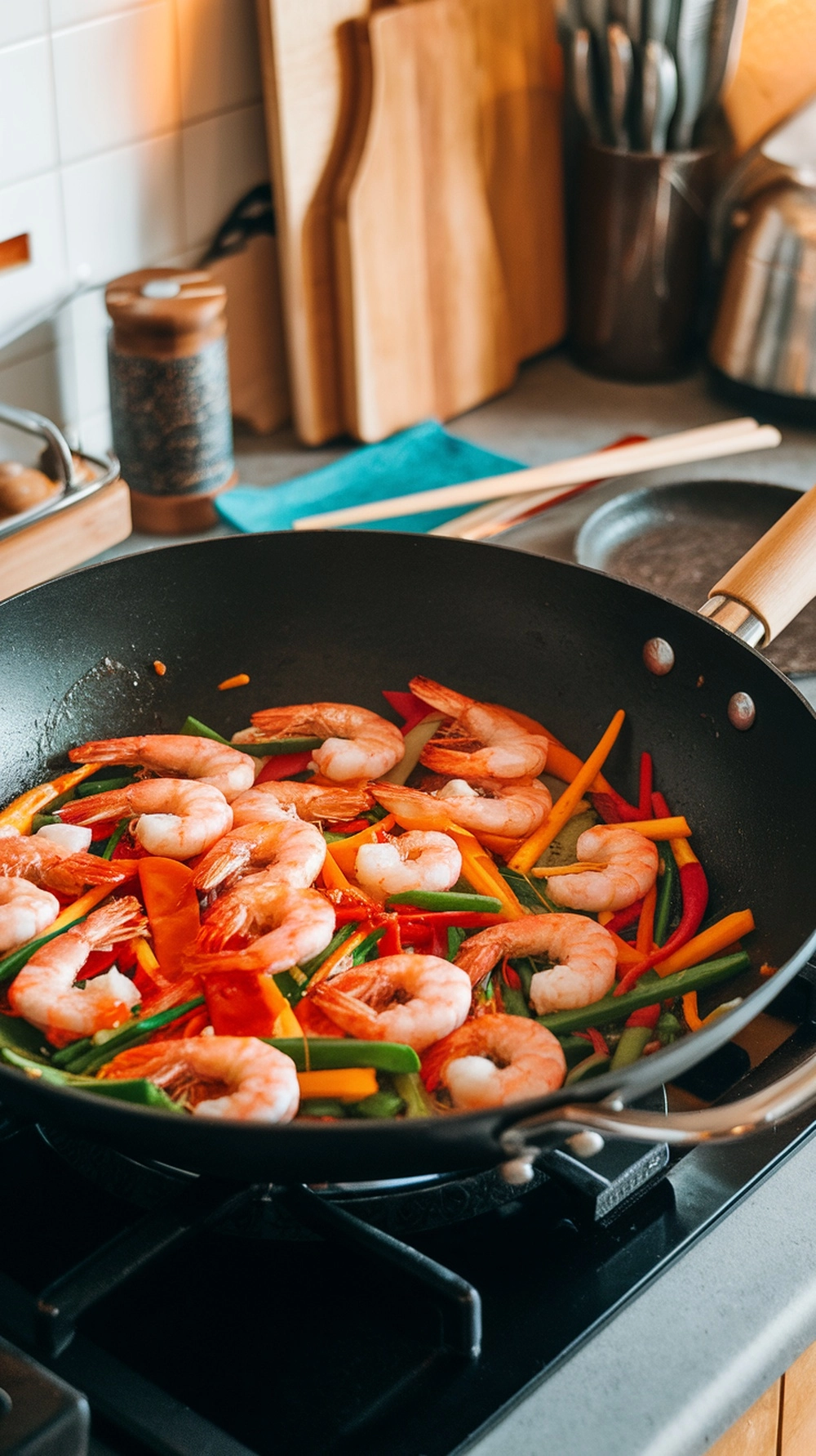 14 Quick Fall Dinner Ideas For Busy Nights 10 A skillet filled with shrimp and colorful vegetables being stir-fried.