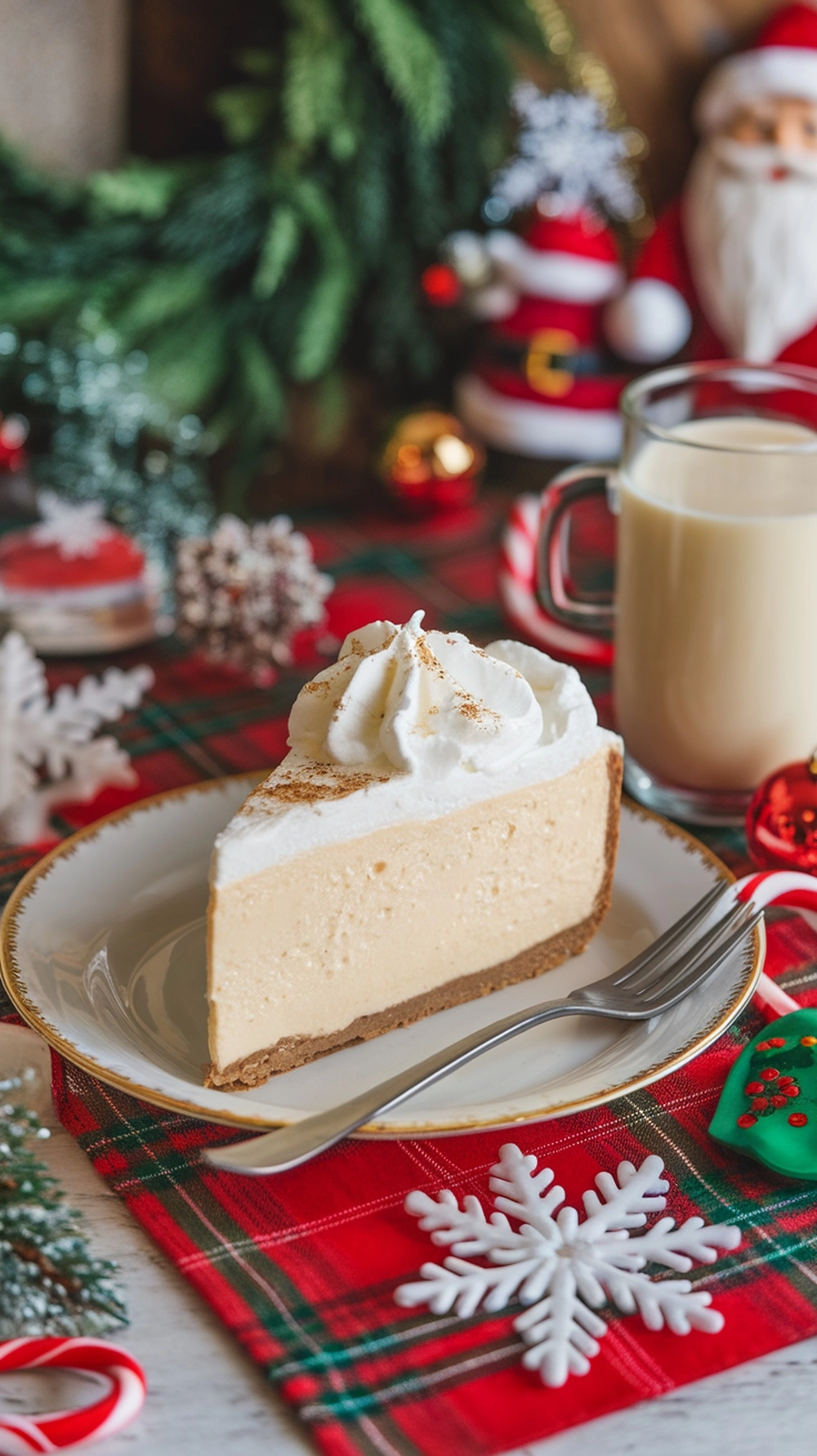 16 Irresistible Christmas Desserts That Will Wow Your Guests 3 Slice of eggnog cheesecake with whipped cream on a festive table setting