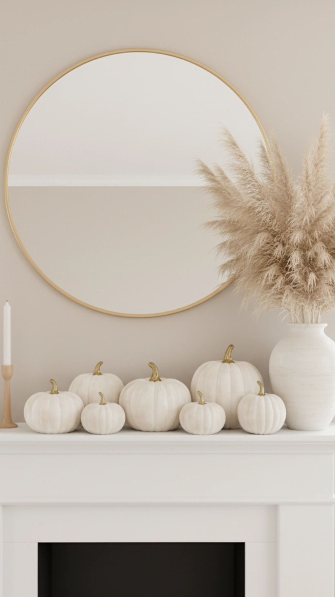How to Layer Fall Mantle Decor (The 6-Step Guide) 9 An airy and elegant fall mantle decorated in all neutral colors, featuring cream pumpkins, pampas grass, and light wood elements.