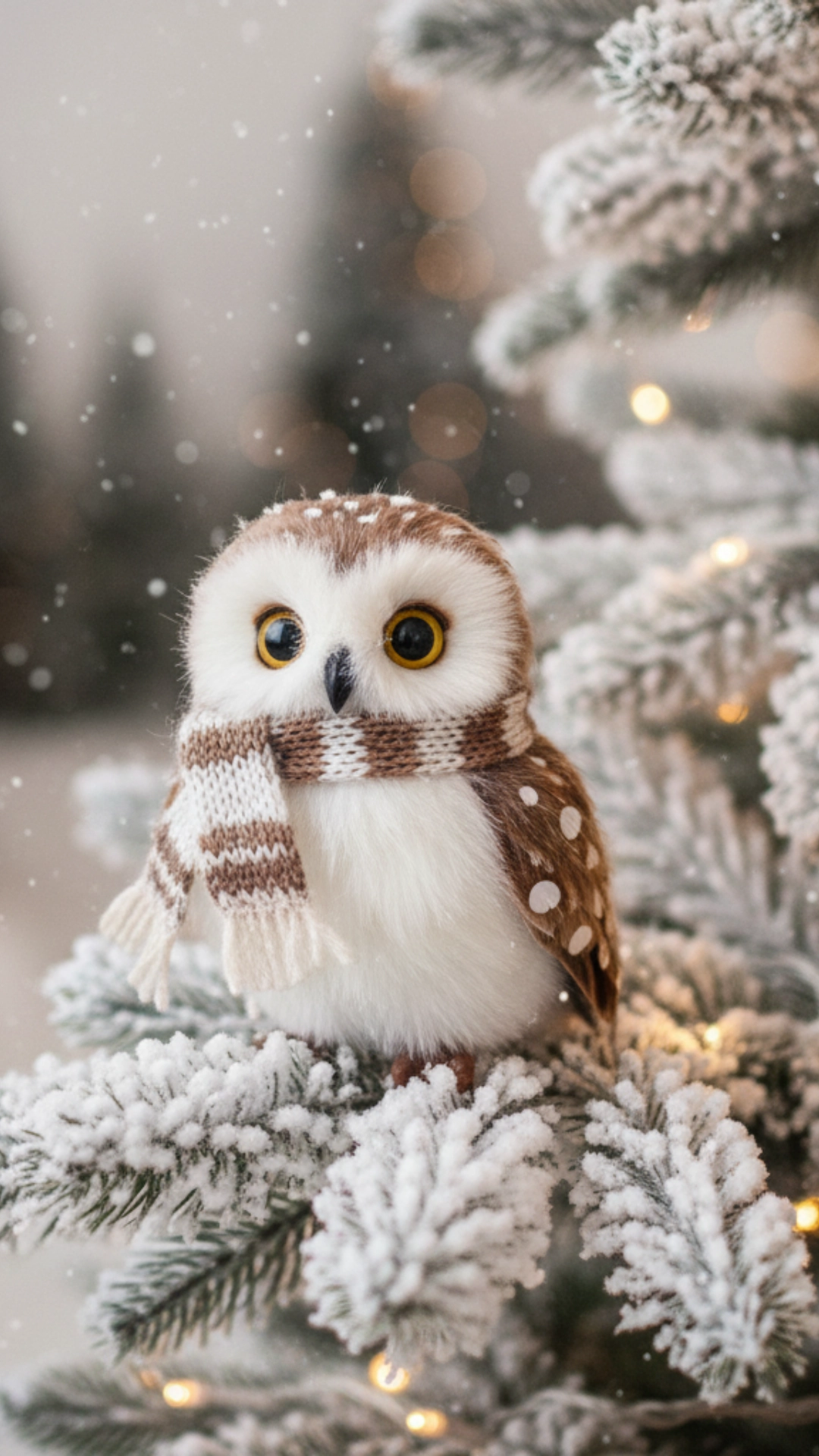 A cute, fluffy owl ornament perched on a branch of a Christmas tree.