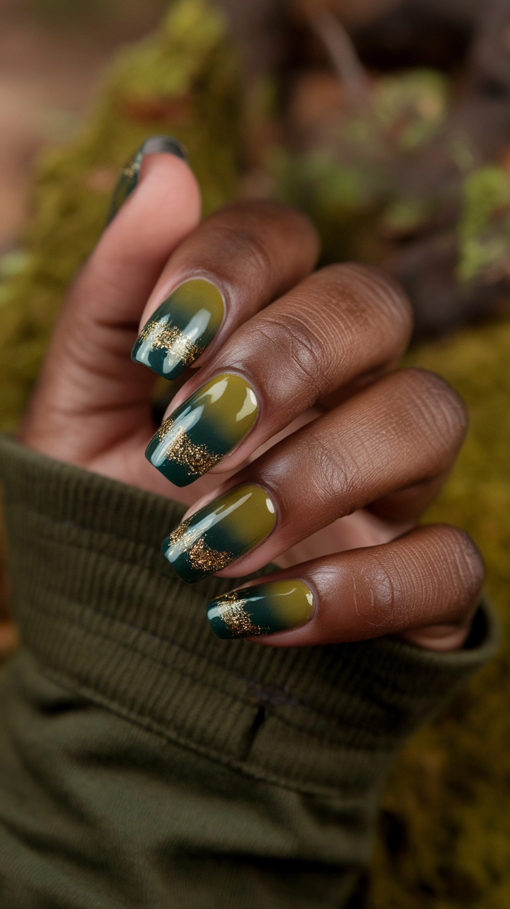 How to Create the Perfect Fall Ombre Nails at Home 7 Hand with deep green to olive ombre nails and gold glitter tips