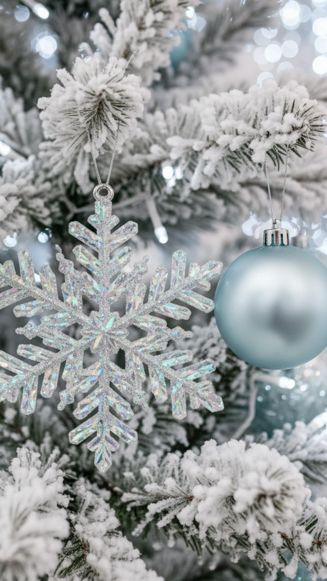 A sparkling snowflake ornament and an icy blue bauble on a "Frozen" inspired Christmas tree.