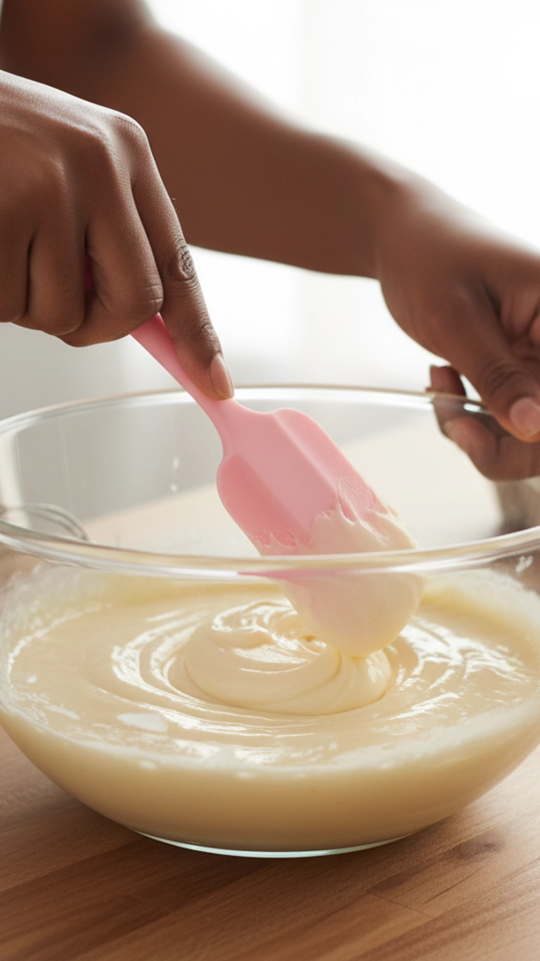 The Ultimate Guide to Home Baking Essentials 7 Scraping down a bowl of cake batter with a silicone spatula.