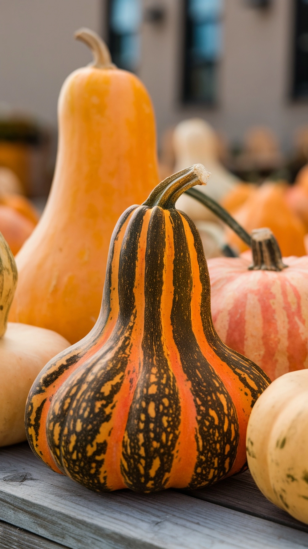 A Fairy Tale Pumpkin with a carved face surrounded by other pumpkins.