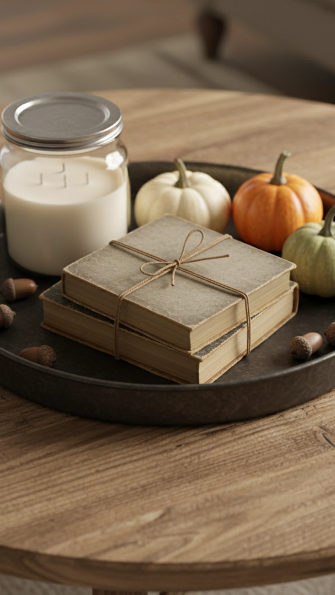 15 Unforgettable Rustic Living Room Decor Ideas 8 An overhead shot of a rustic wooden coffee table with a fall centerpiece featuring a tray, candles, and small pumpkins.