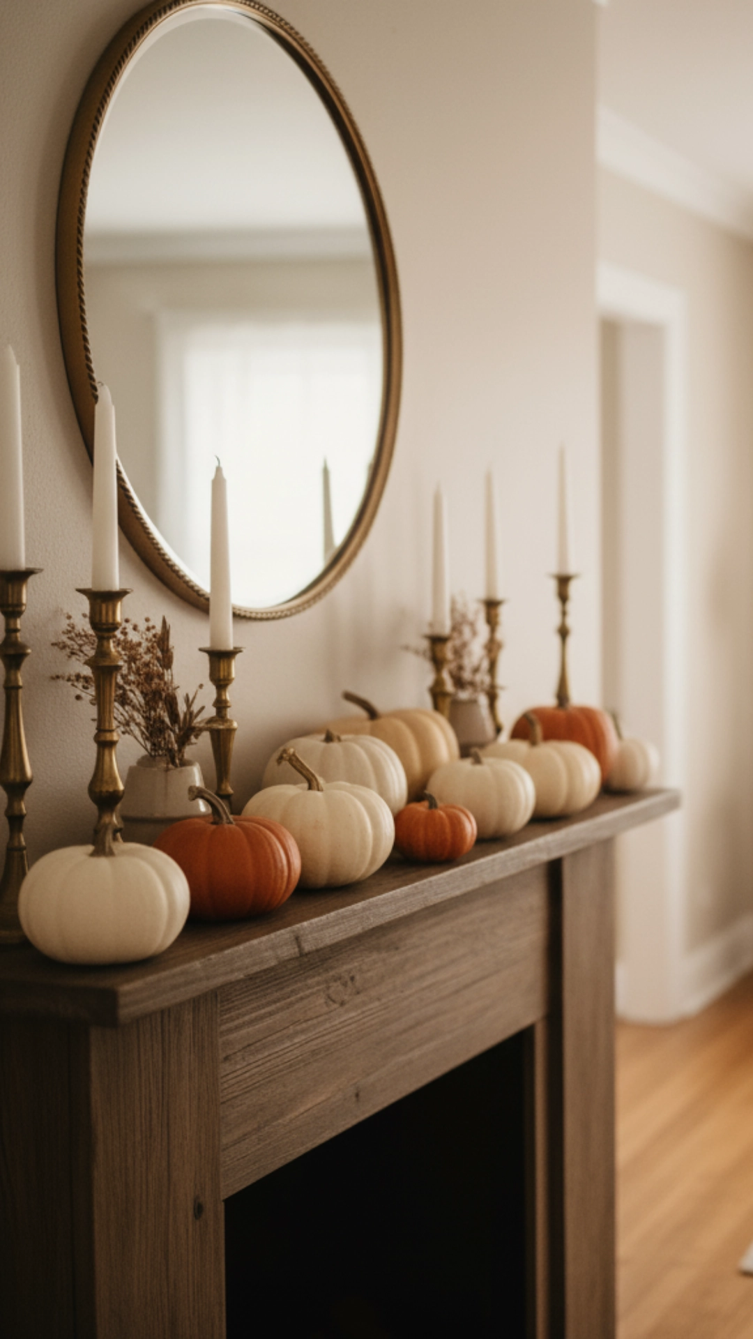 How to Layer Fall Mantle Decor (The 6-Step Guide) 2 Beautifully decorated fall mantle. The mantle is full of neutral-toned pumpkins, brass candlesticks, and a large round mirror.
