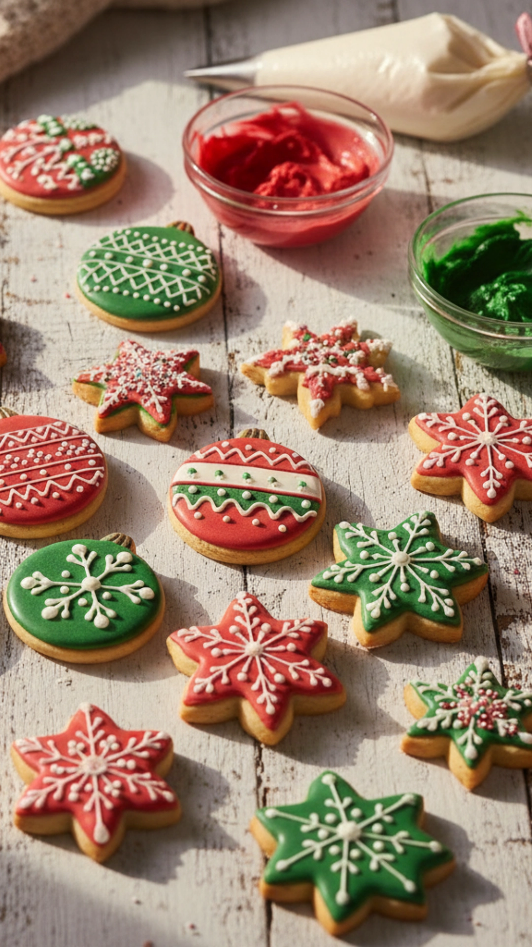 How to Bake Beautiful and Delicious Christmas Cookies 2 A top-down flat lay of various Christmas cookies, including snowflakes and stars, decorated with intricate royal icing on a wood table.