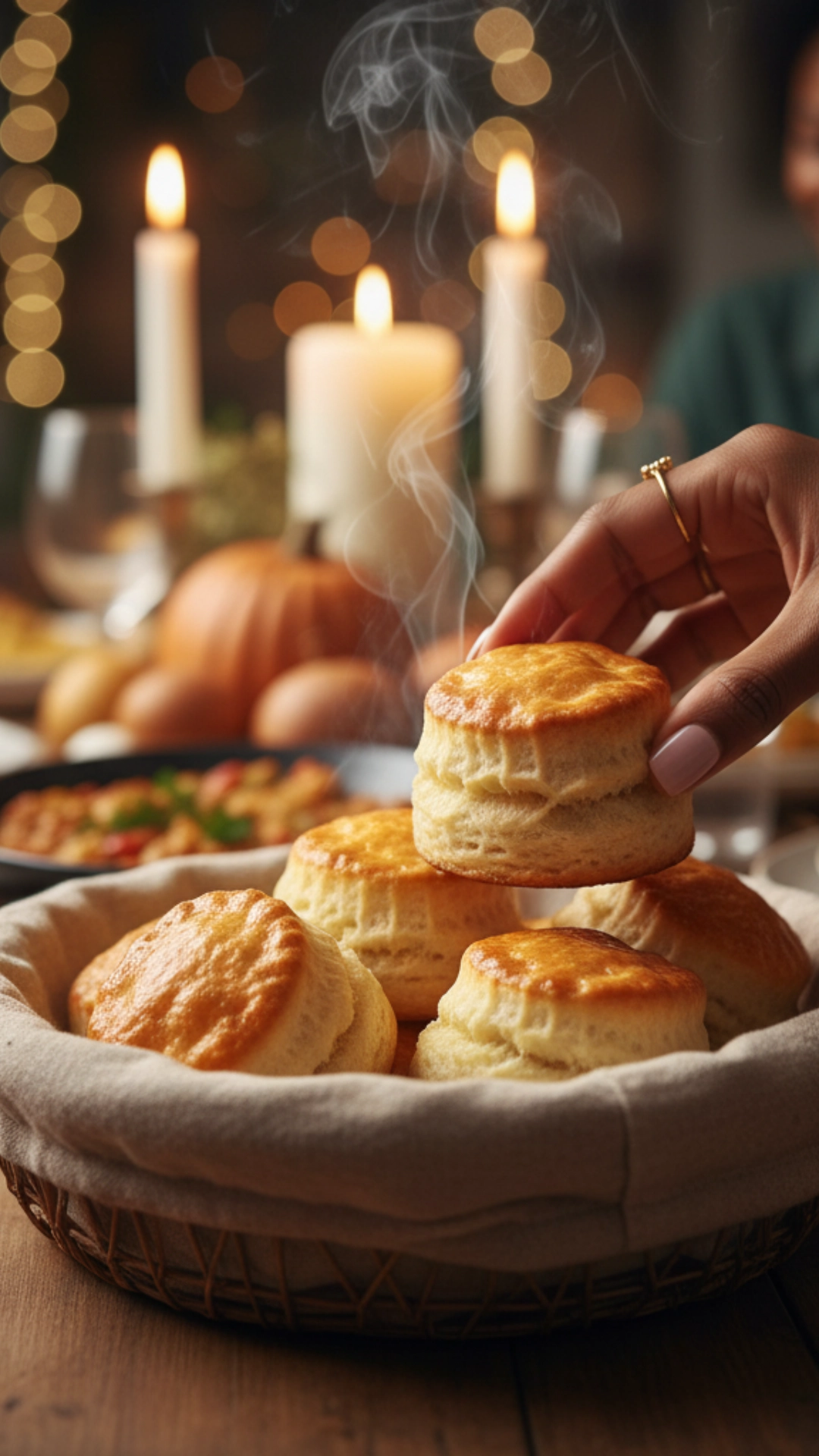 10 Classic Southern Thanksgiving Dishes You’ll Love 9 A hand places a warm, flaky buttermilk biscuit into a bread basket for a Southern Thanksgiving meal.