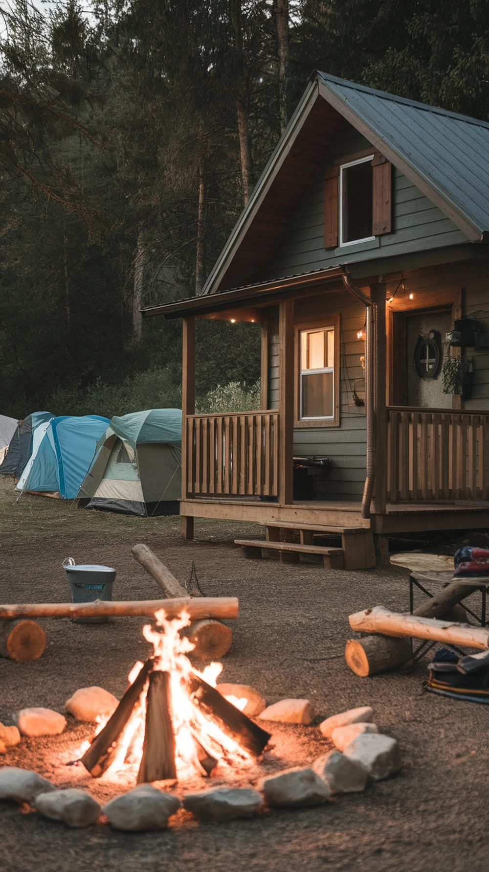 10 Cozy Cabin Trip Ideas for Your Next Adventure 5 A cozy cabin in the woods with a campfire and tents nearby.
