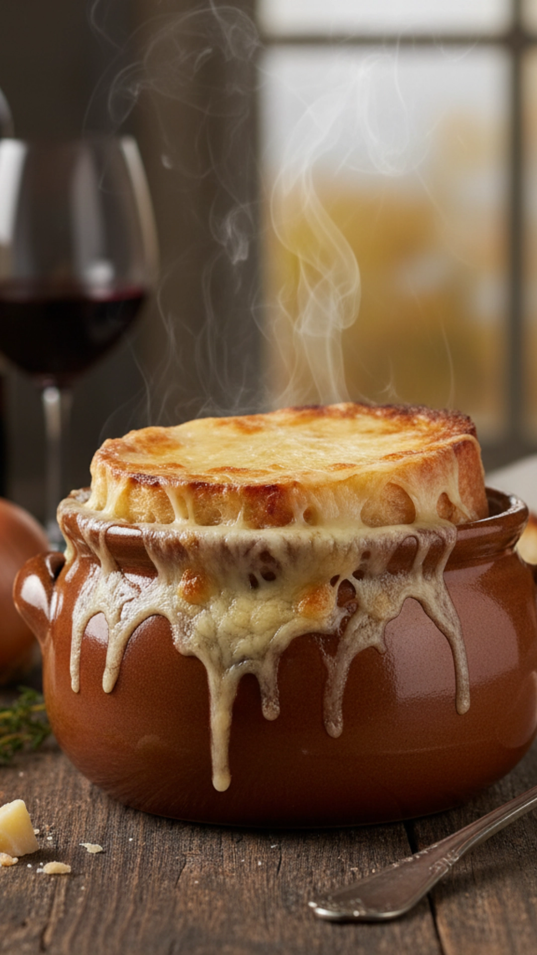 15 Irresistible Cozy Thanksgiving Soups Everyone Will Love 8 Steaming French Onion Soup in a brown ceramic crock with melted, bubbly Gruyère cheese and a toasted bread slice on top.