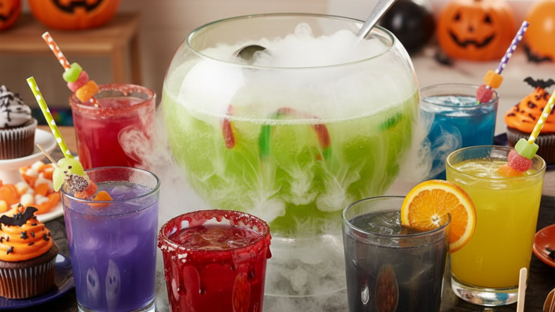A festive and kid-friendly Halloween party table featuring several colorful nonalcoholic halloween punch recipes, with a bubbling green witch's brew punch in a cauldron as the centerpiece.