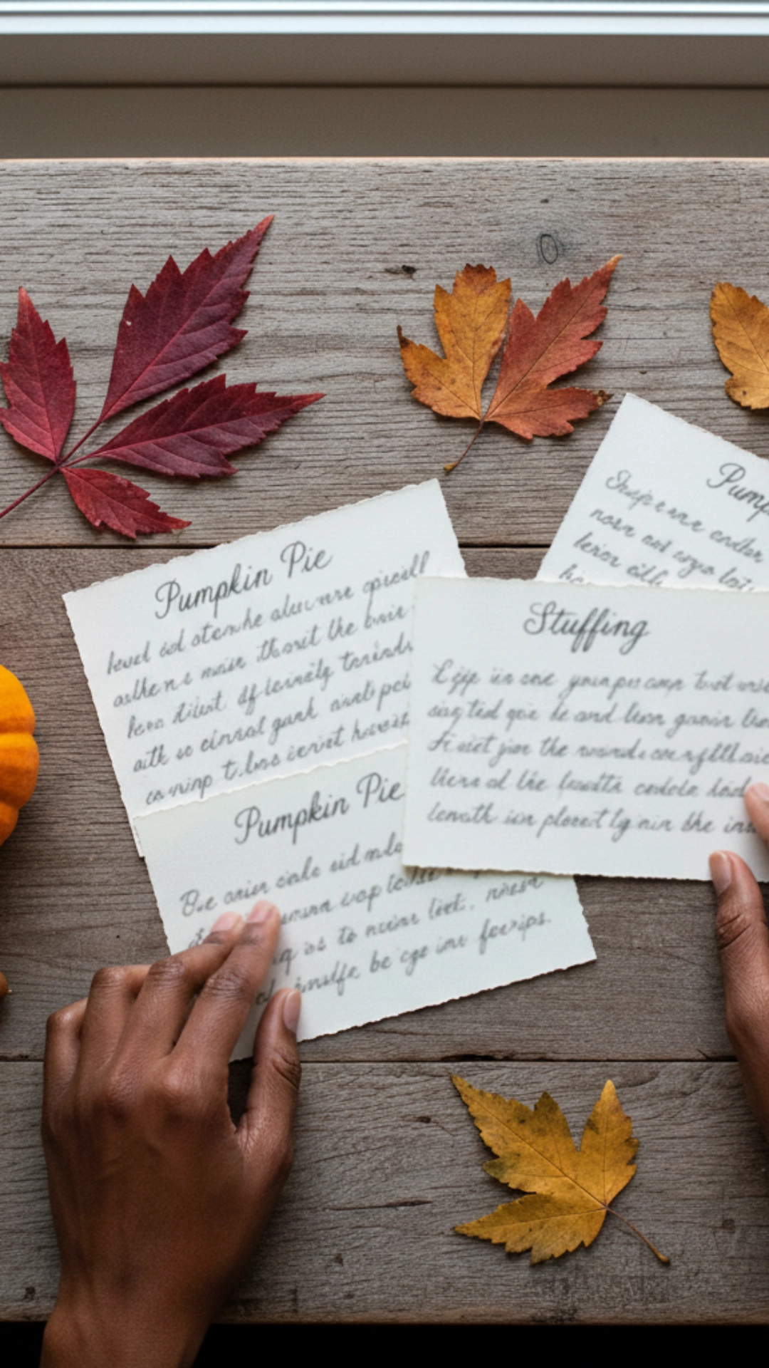 How to Plan the Perfect Thanksgiving Menu 3 Arranging handwritten recipe cards on a rustic wooden table with fall leaves