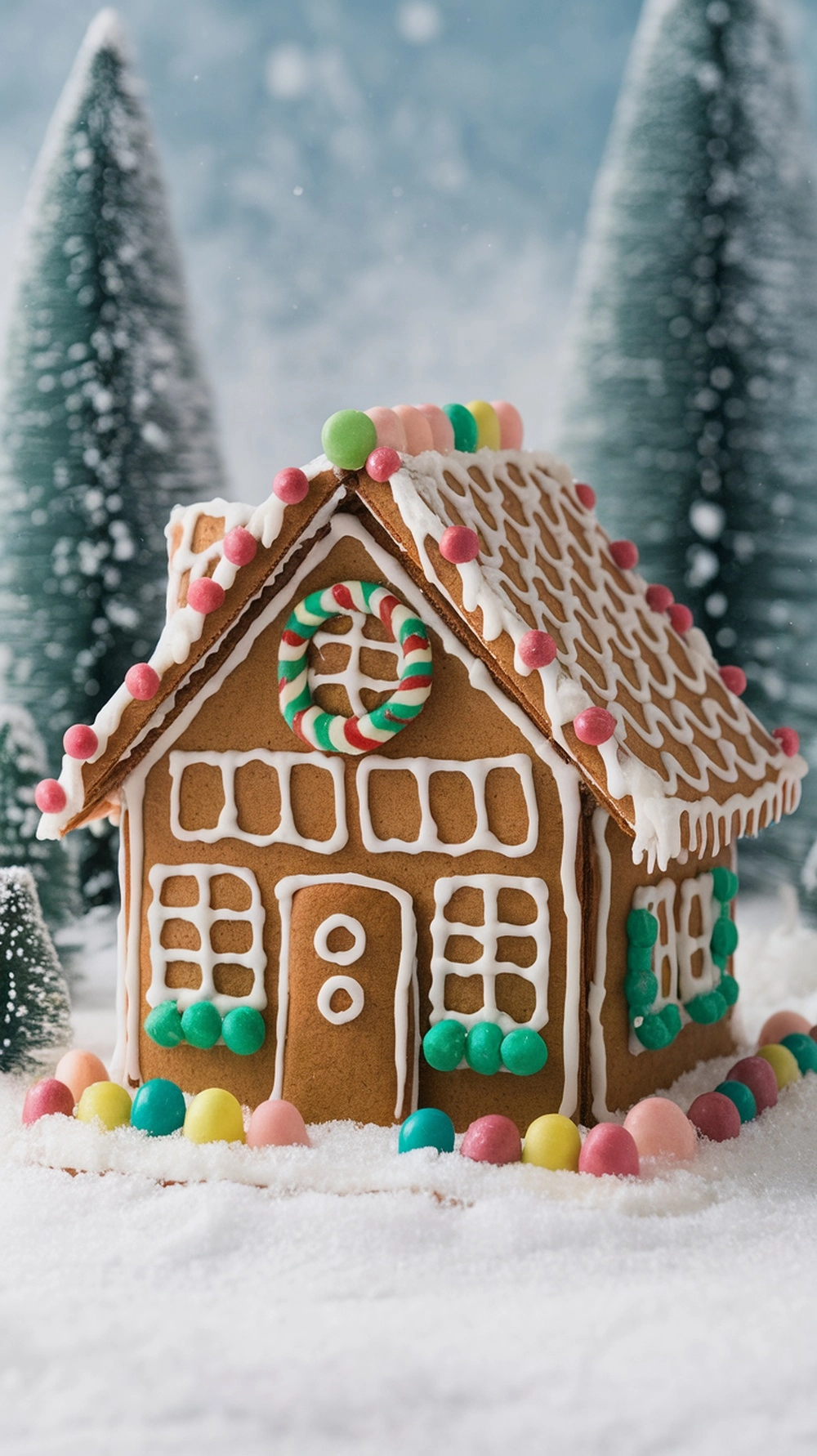 16 Irresistible Christmas Desserts That Will Wow Your Guests 6 A beautifully decorated gingerbread house with colorful candies and icing, surrounded by a snowy backdrop.