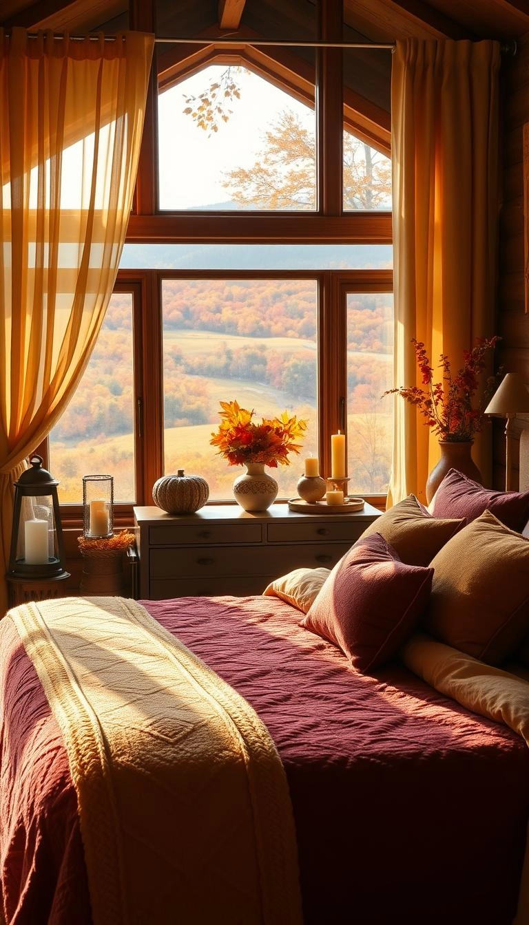 A rustic cabin bedroom with a large window showing an autumn valley at sunset, with golden light streaming across a bed with a burgundy quilt.