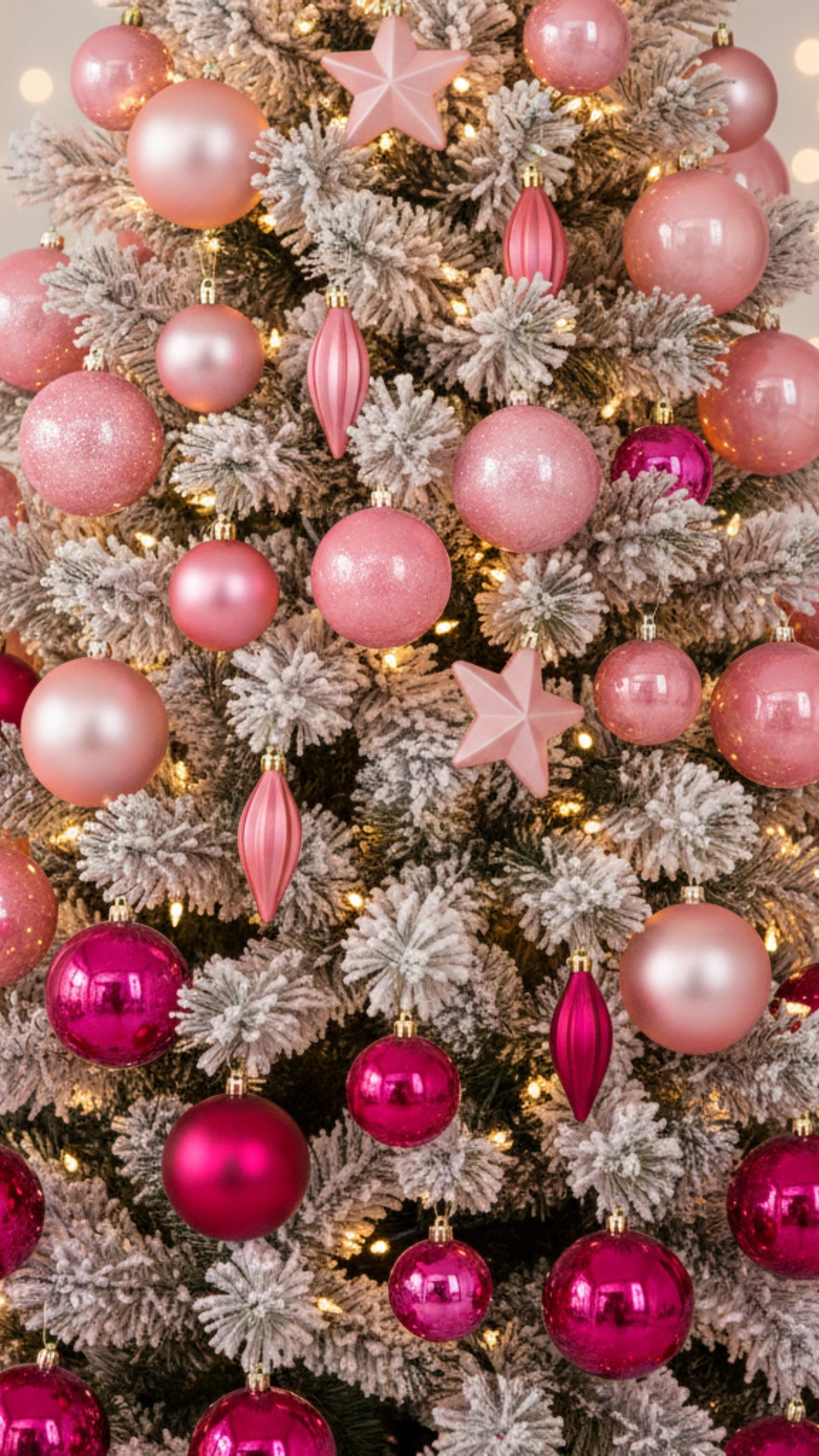The side of a Christmas tree showing a color gradient of ornaments from light pink to magenta.
