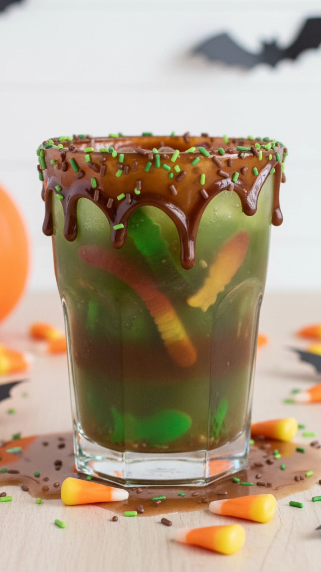 15 Fun Non Alcoholic Halloween Punch Recipes 9 A glass of a fun green and brown swamp water nonalcoholic Halloween punch recipe filled with gummy worms.