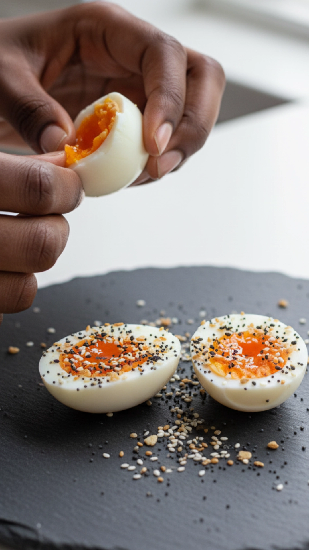 Perfectly hard-boiled eggs, sliced and topped with savory everything bagel seasoning, a simple high-protein snack or breakfast.