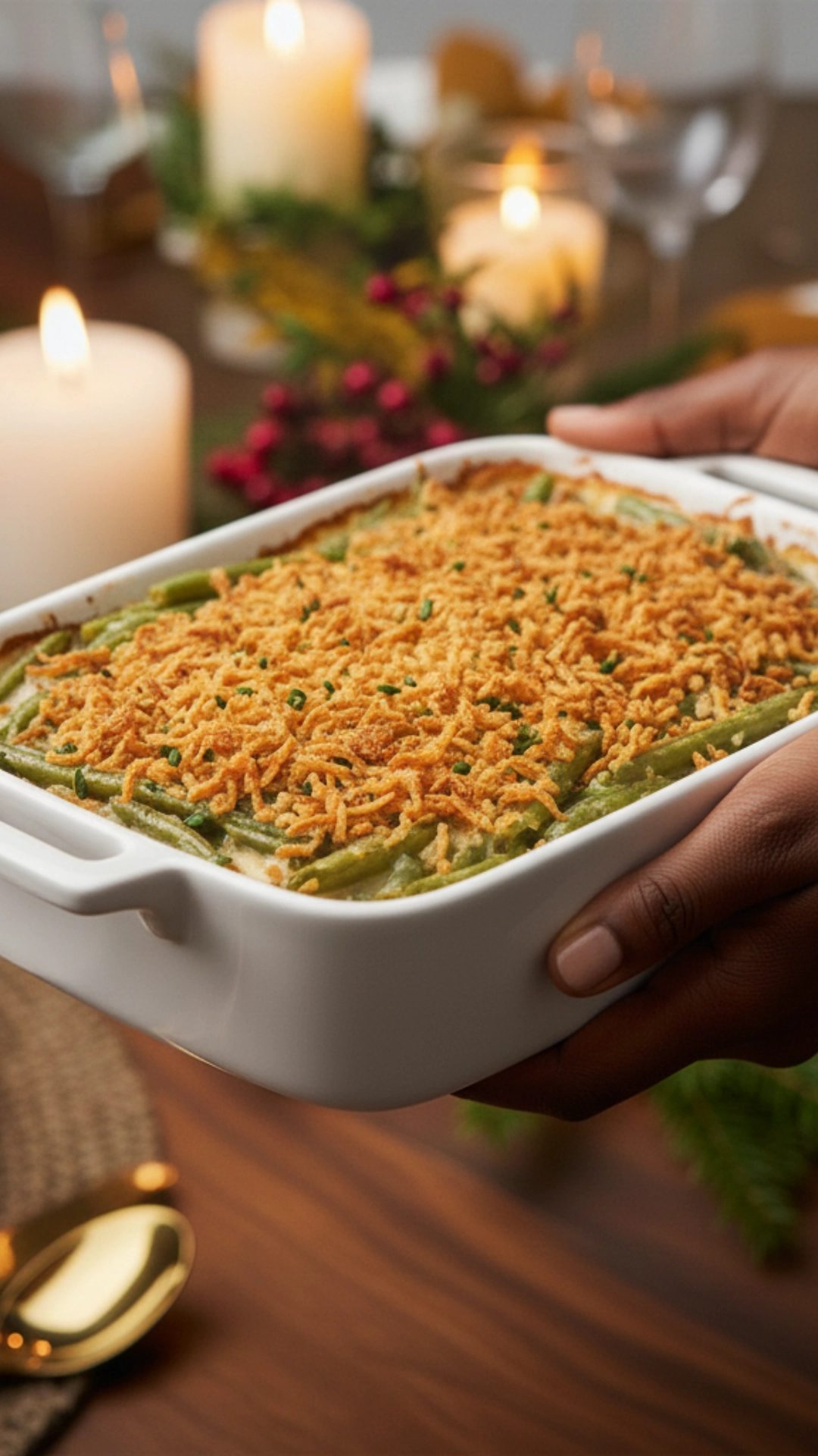 18 Amazing Healthy Thanksgiving Recipes to Try Now 7 A healthy green bean casserole baking in a white dish, topped with crispy onions.
