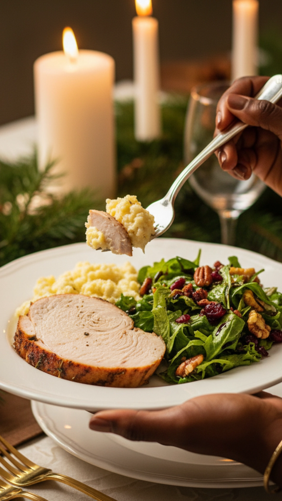 18 Amazing Healthy Thanksgiving Recipes to Try Now 20 A balanced Thanksgiving plate with turkey, mashed cauliflower, and salad.