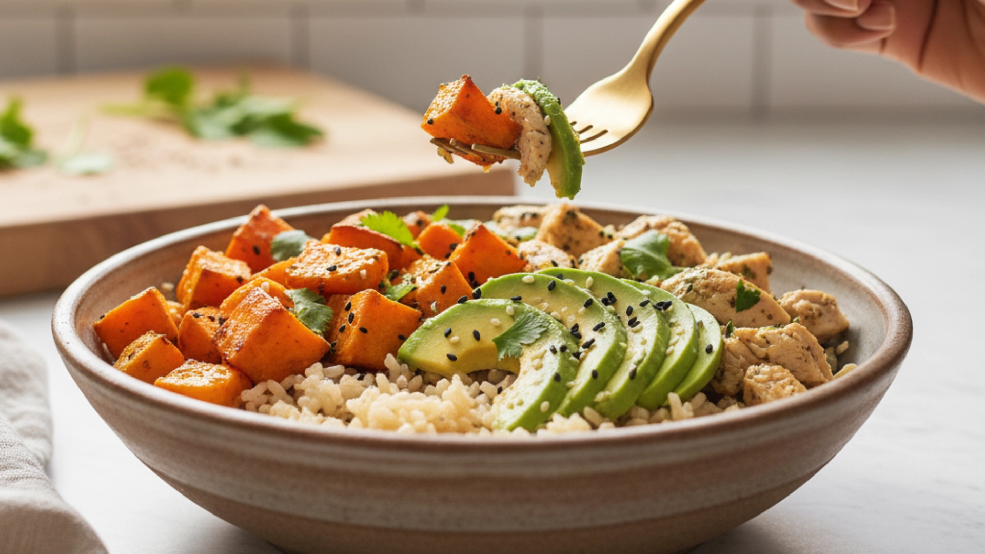 An overhead shot of a healthy chicken rice bowl filled with sweet potatoes, avocado, and rice, with a woman's hand holding a fork.