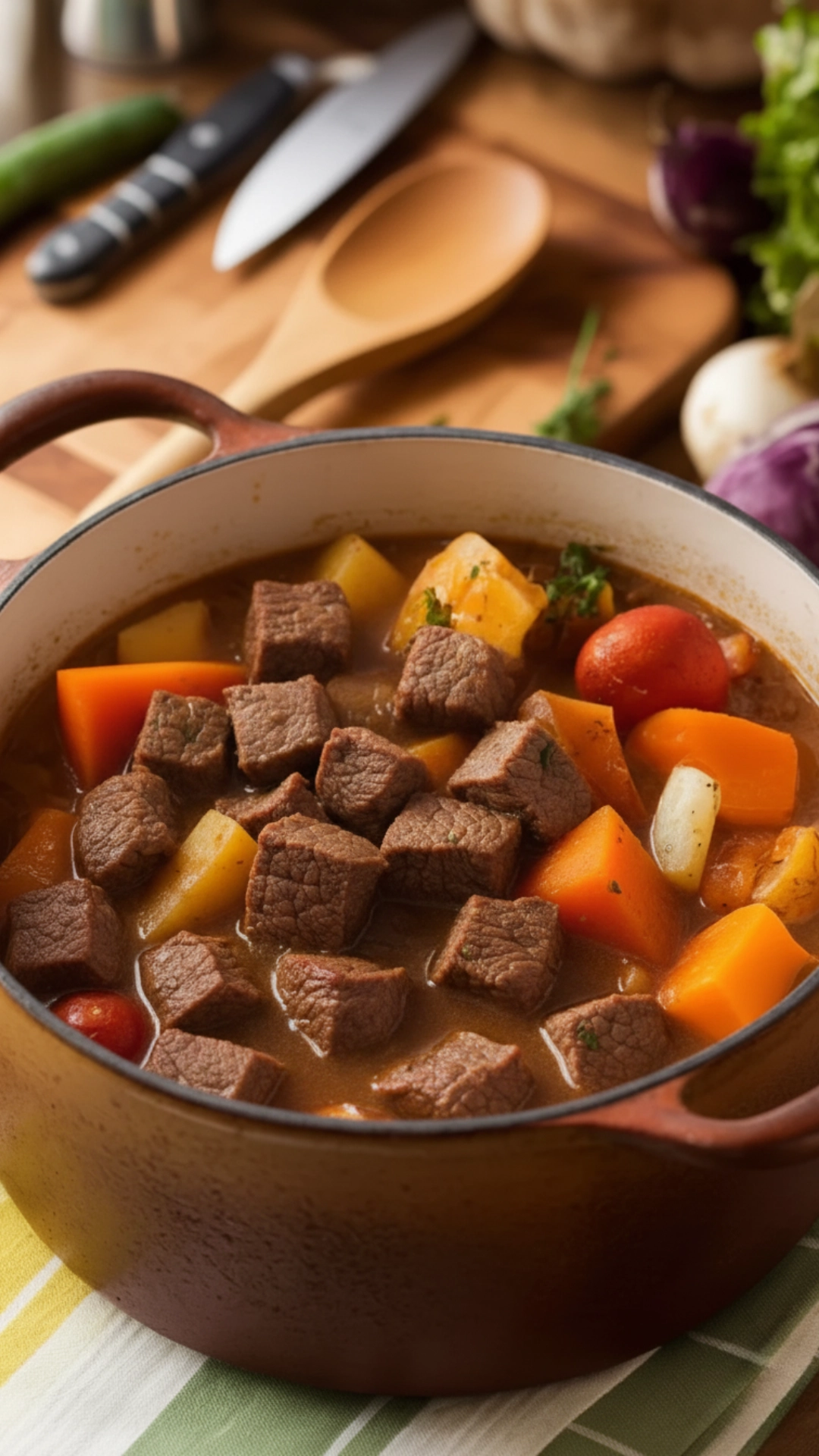 12 Cozy Fall Dinner Recipes To Warm You Up 2 A pot of hearty beef stew with delicious root vegetables, including carrots and potatoes.