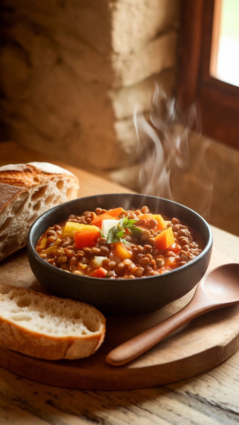 14 Quick Fall Dinner Ideas For Busy Nights 15 A steaming bowl of lentil and vegetable stew with colorful vegetables and a slice of crusty bread.