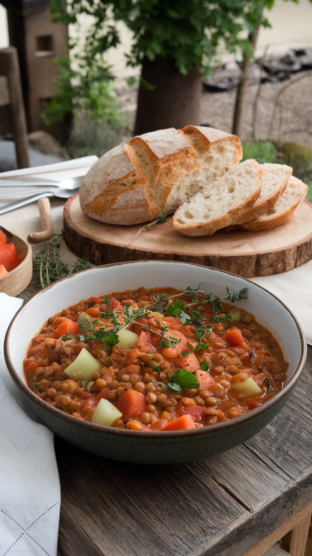10 Cozy Fall Soup Recipes to Keep You Warm All Season 8 A bowl of hearty lentil and vegetable stew with fresh herbs, alongside a loaf of crusty bread.