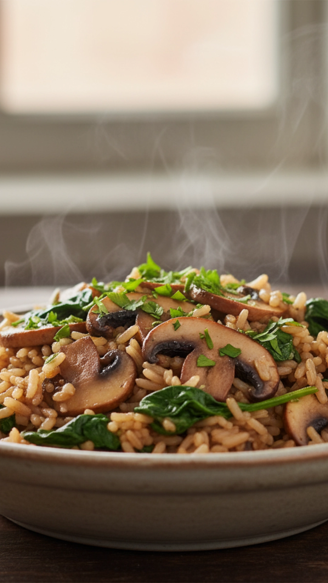 15 Delicious High Fiber Meals to Keep You Full 15 A steaming bowl of mushroom and spinach pilaf with brown rice.