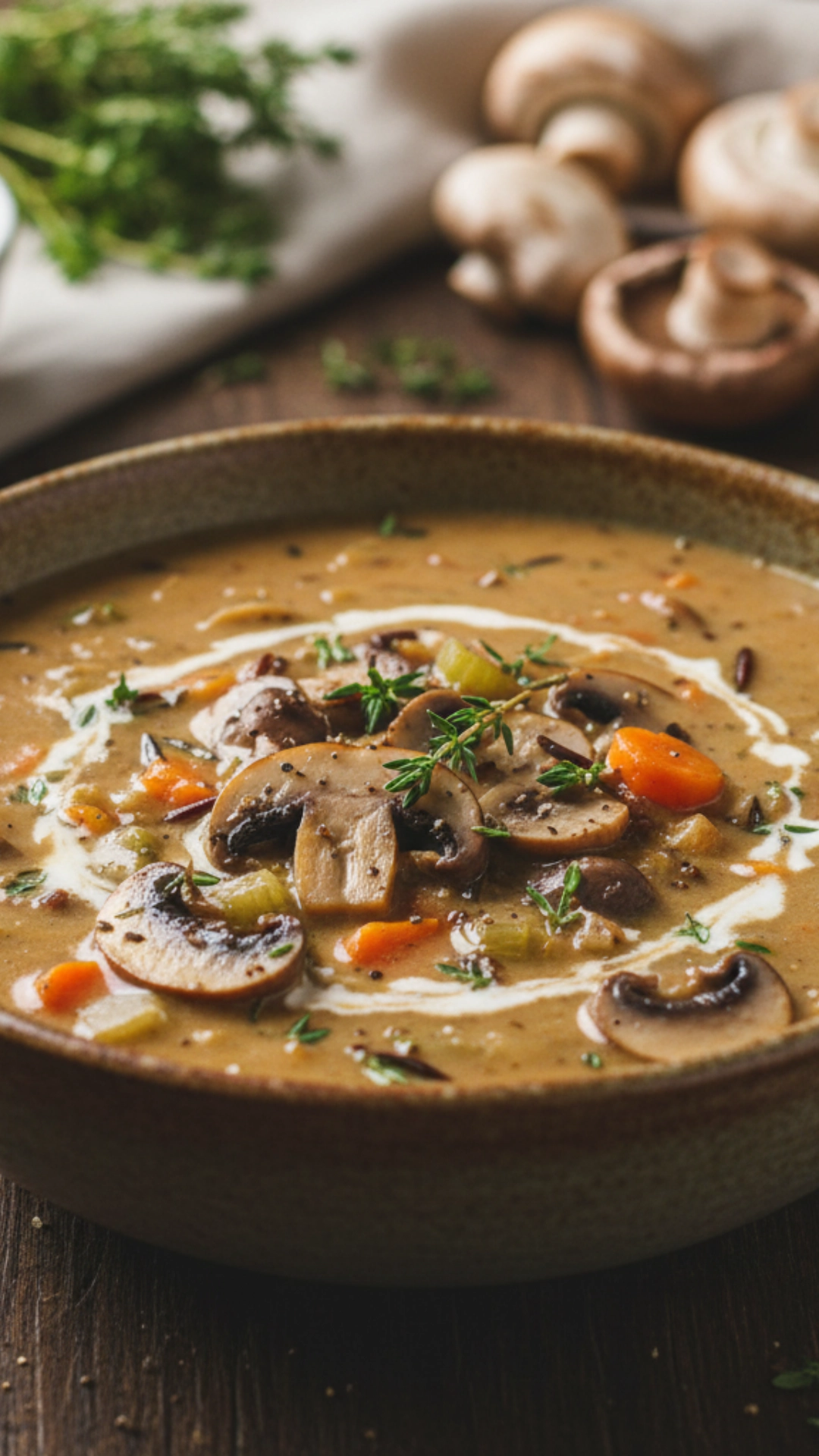 15 Irresistible Cozy Thanksgiving Soups Everyone Will Love 5 Thick, rustic wild rice and mushroom soup with visible grains of wild rice and sliced mushrooms, garnished with fresh parsley.